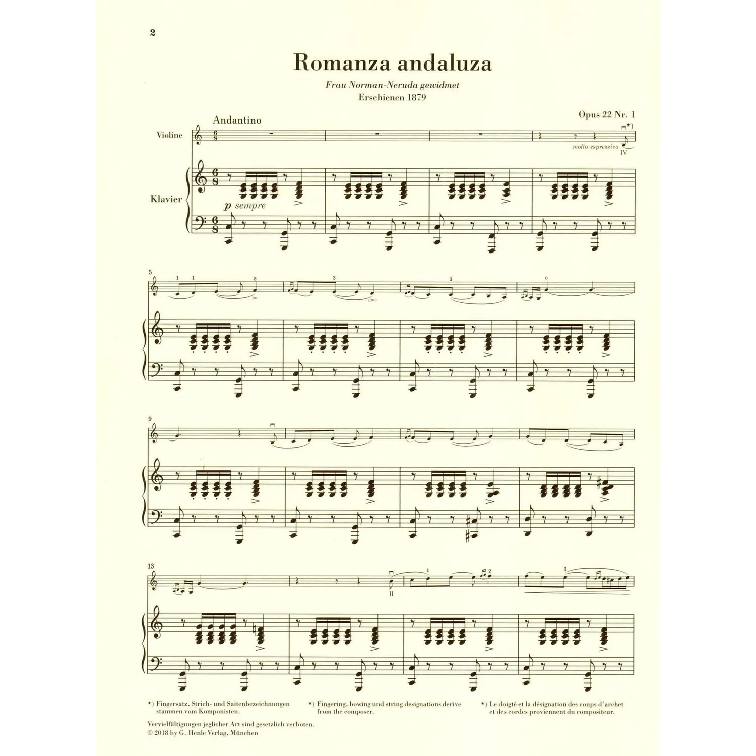 Henle Sarasate Romanza andaluza Violinnnoten Violine Klavier