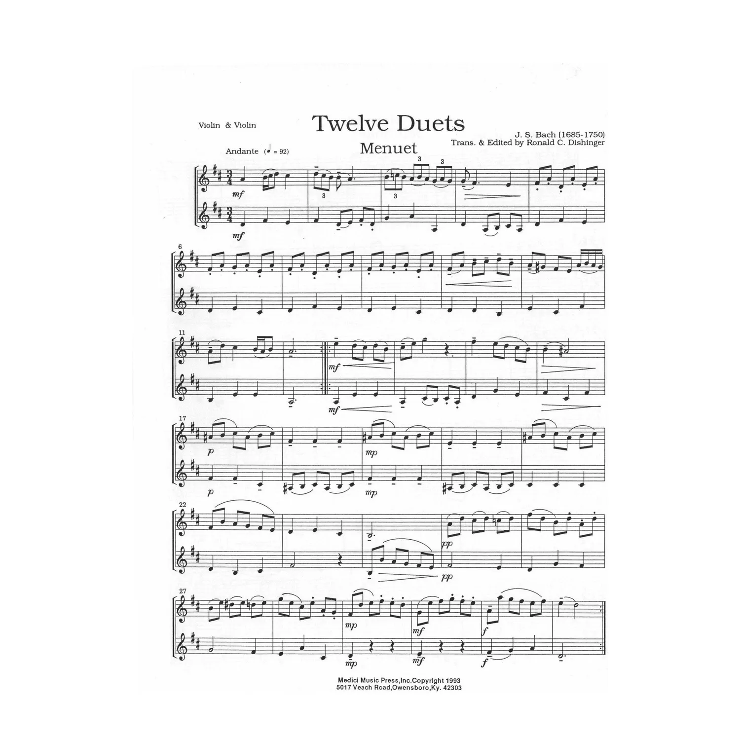 Shar Music Bach 12 Duette Noten für 2 Violinen