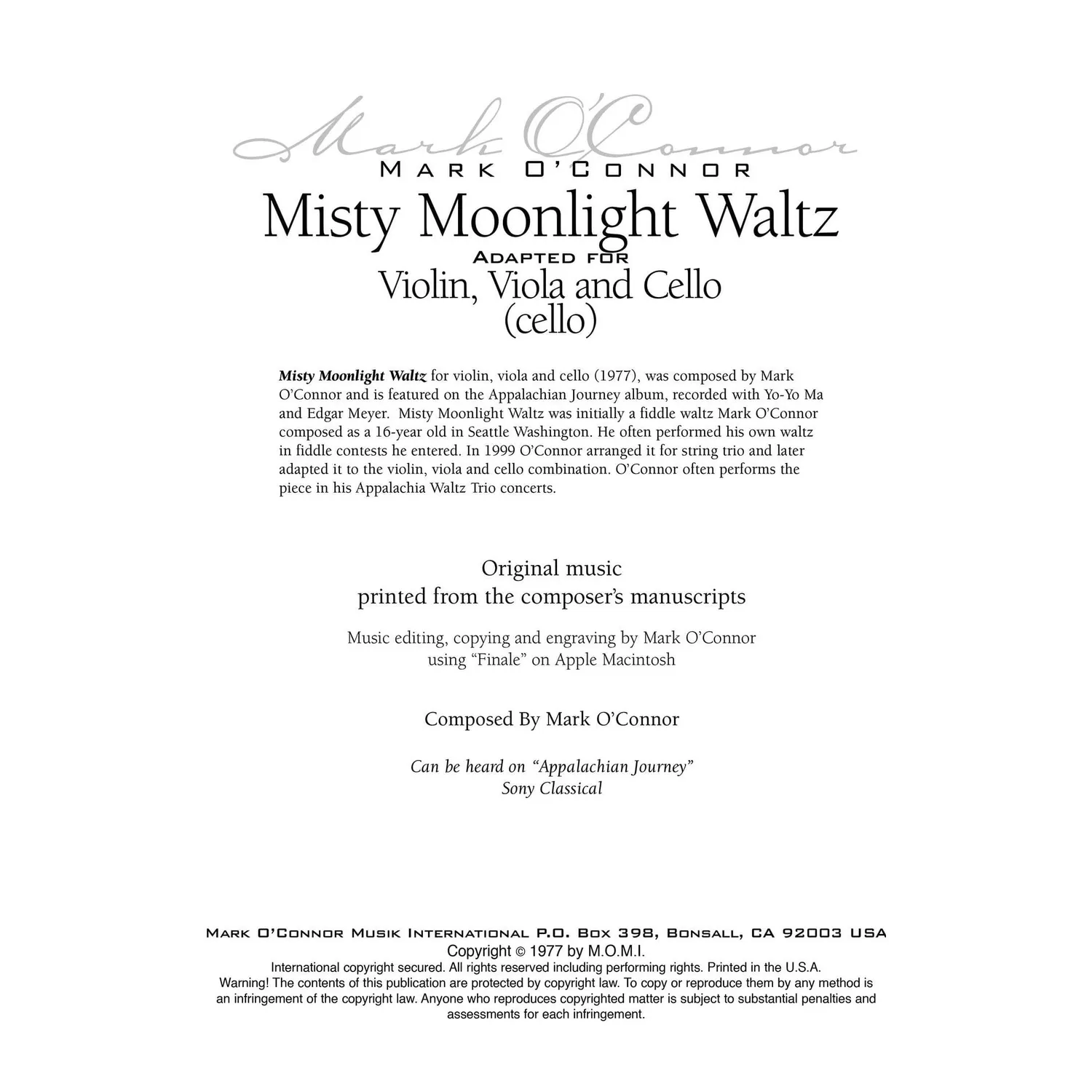 O'Connor Misty Moonlight Waltz Cello-Noten Download