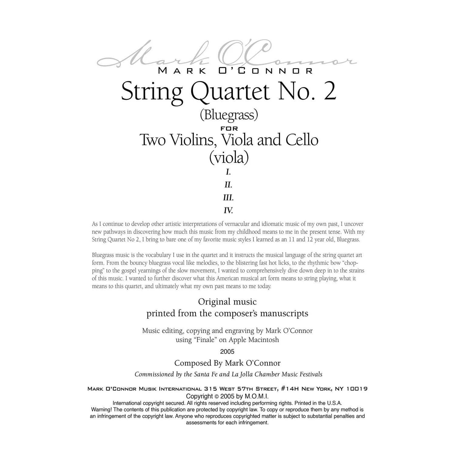 Mark O'Connor String Quartet No.2 Bluegrass Noten Viola Download