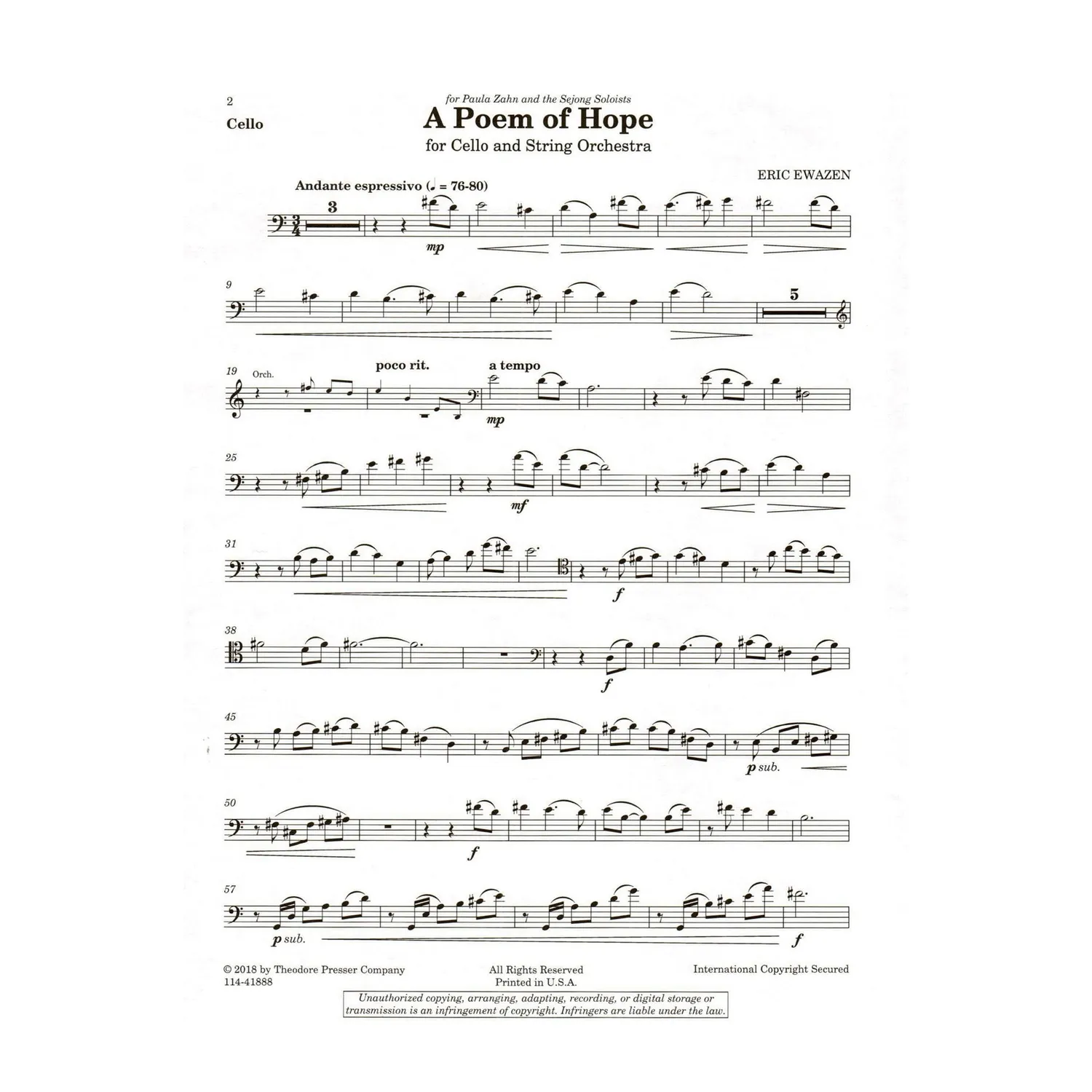 Ewazen A Poem of Hope Cellonoten für Cello und Klavier