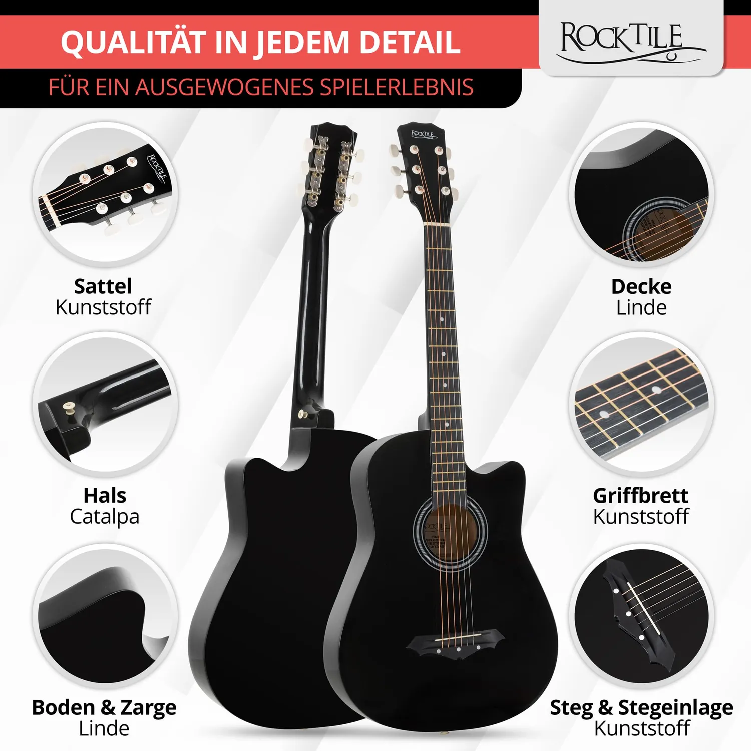 Rocktile WSD-5C-BK Slim Westerngitarre Set Schwarz Dreadnought