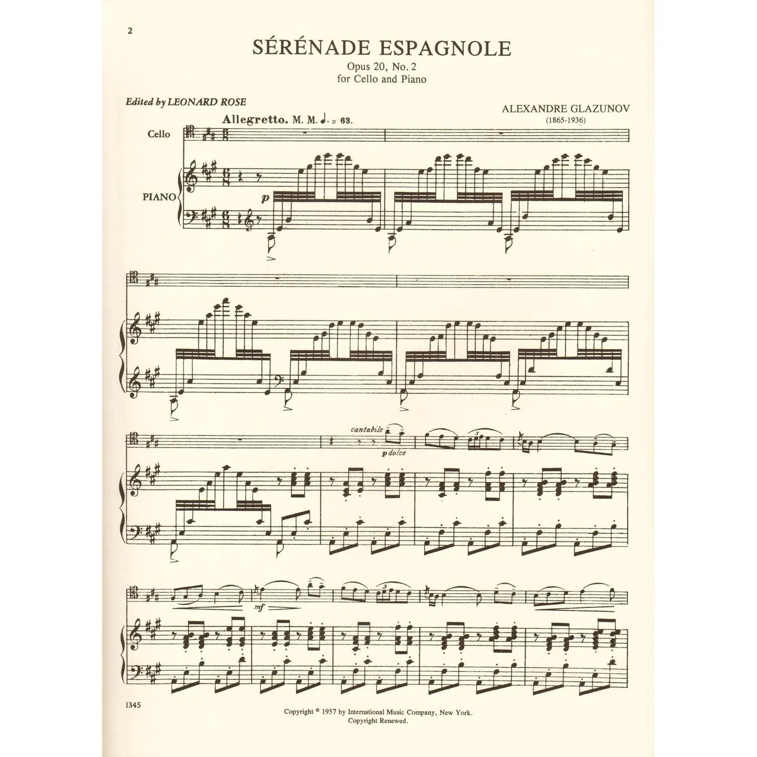Glazunov Serenade Espagnole Op20 Nr2 Noten Cello