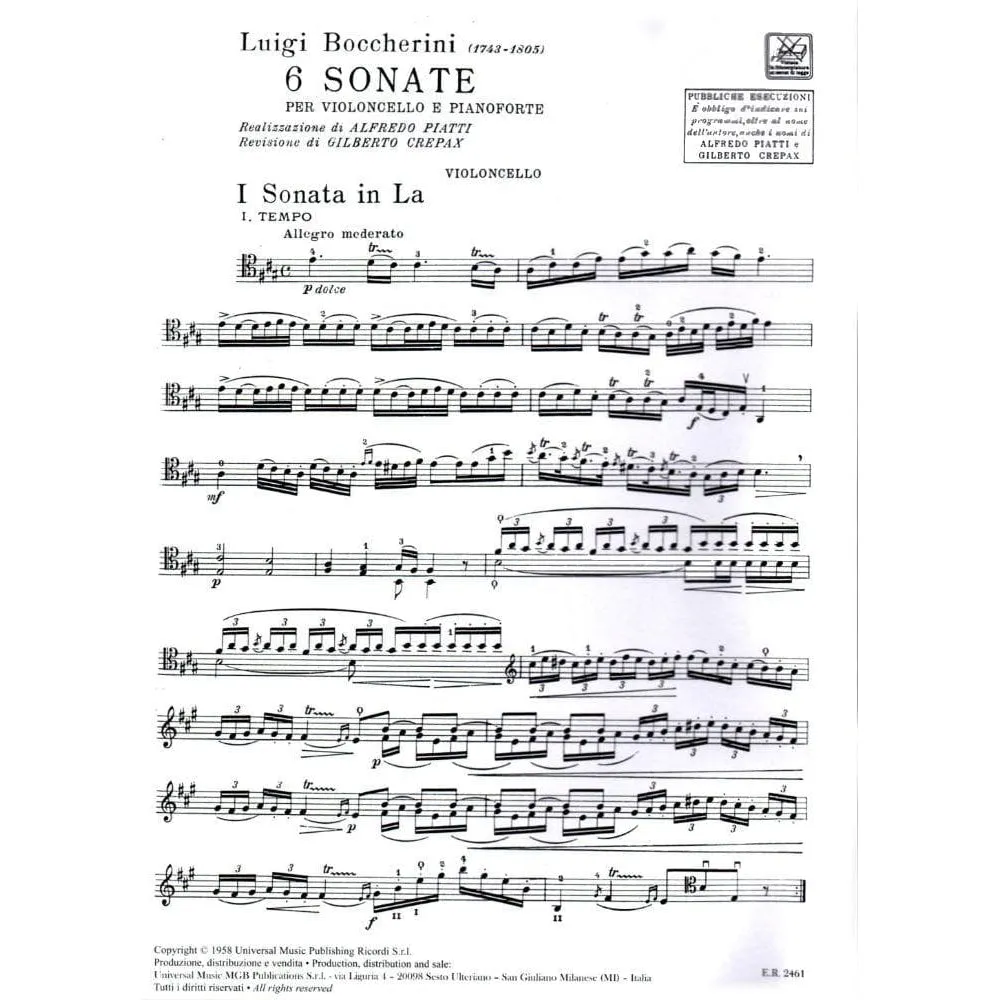 Ricordi Boccherini 6 Sonaten Cello Noten mit Klavier