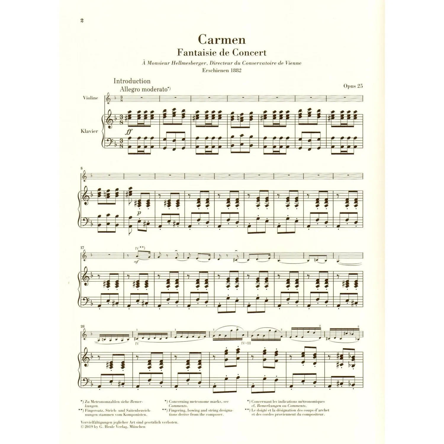 Shar Music Sarasate Carmen Fantasy Op. 25 Violinnoten Henle Urtext
