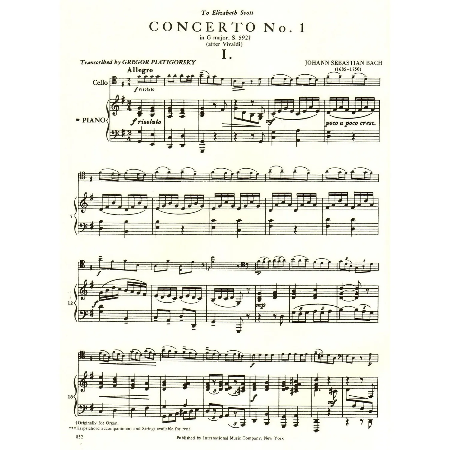 International Bach BWV 592 Noten Cello Klavier G-Dur