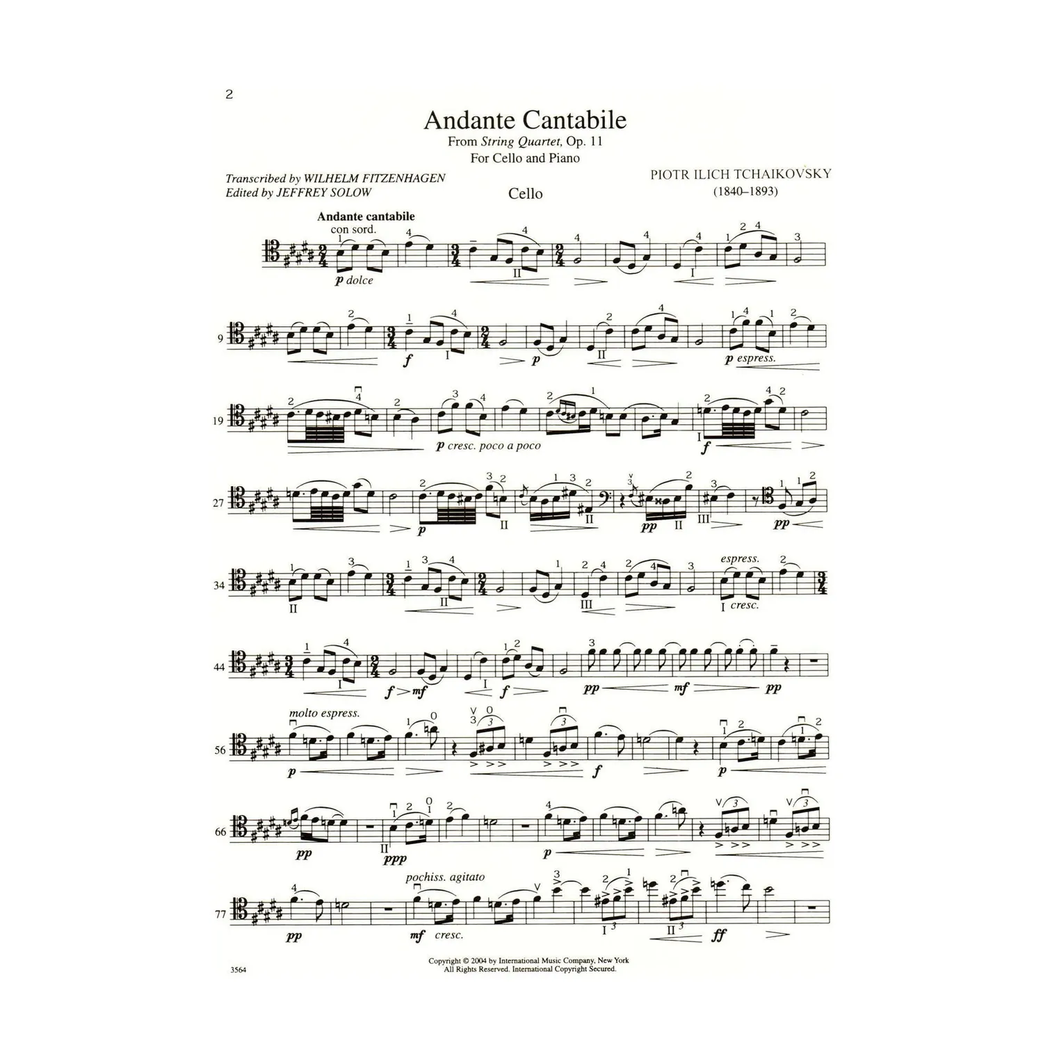 Tschaikowsky Andante Cantabile Cello Noten Op 11