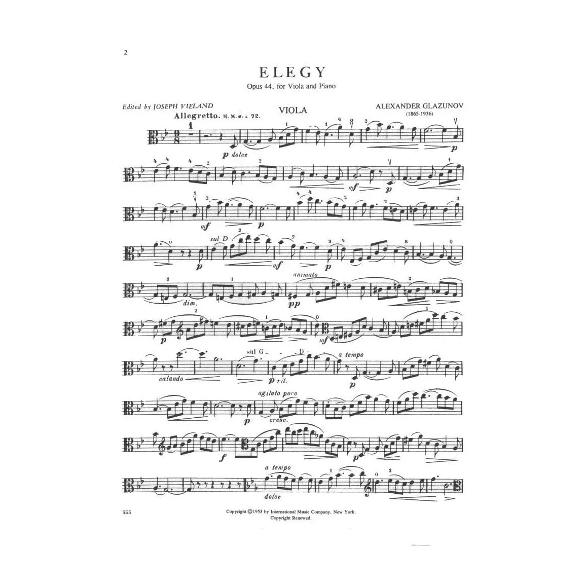 International Glazunov Elegy Op. 44 Noten Bratsche Klavier Vieland