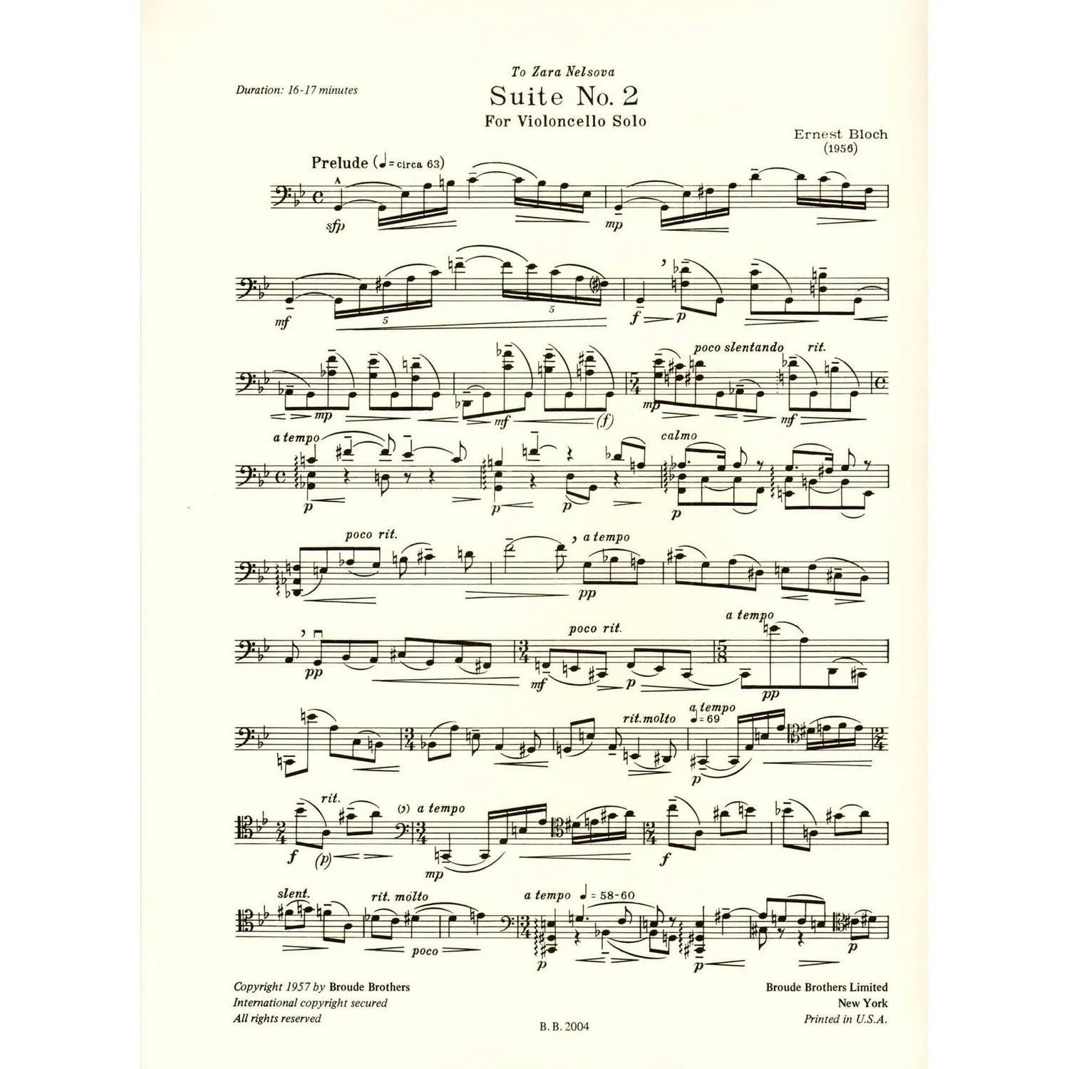Broude Brothers Bloch Suite Nr. 2 Cello-Noten solo