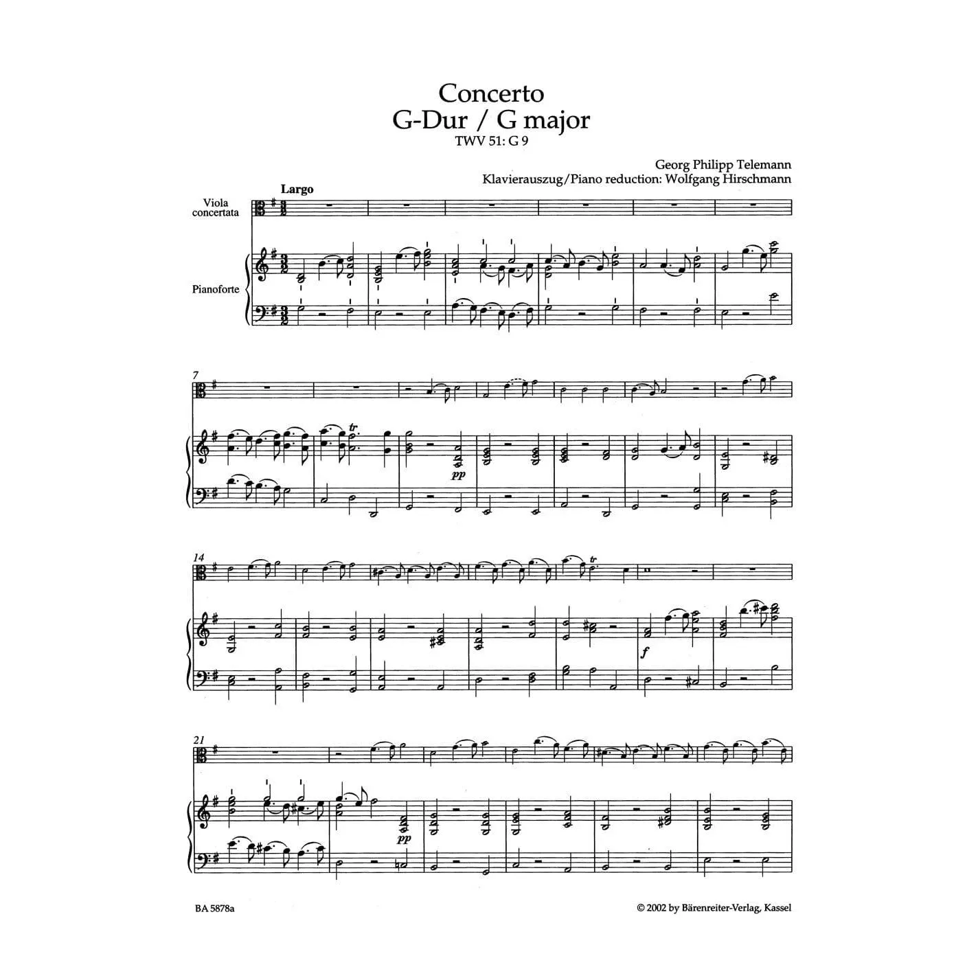 Telemann Konzert G-Dur TWV 51:G9 Noten Viola Klavier Urtext