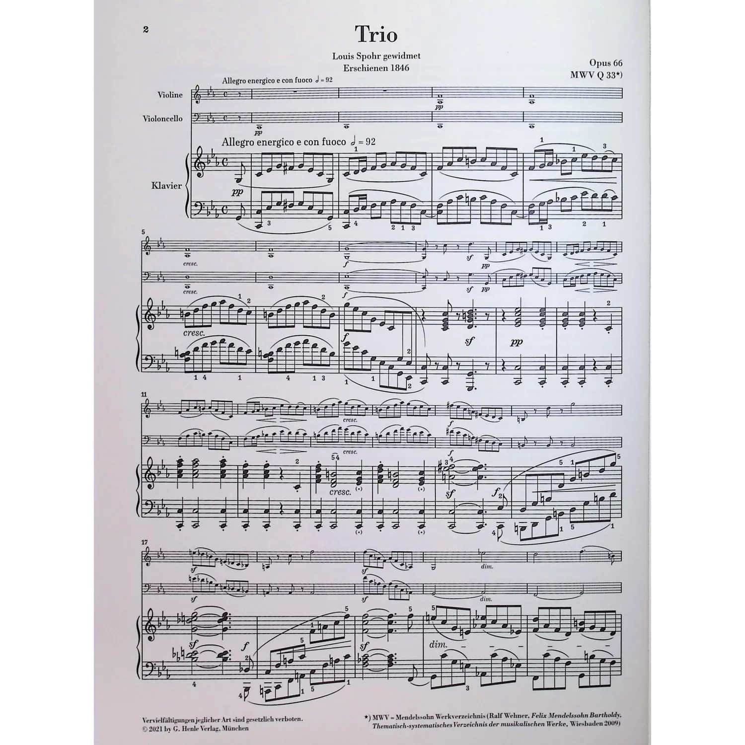 Henle Mendelssohn Klaviertrio Nr.2 c-moll op.66 Noten Urtext