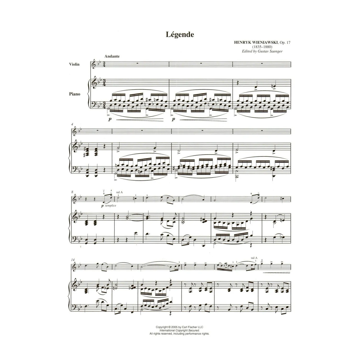 Carl Fischer Wieniawski Legende Op. 17 Violinnoten Audio