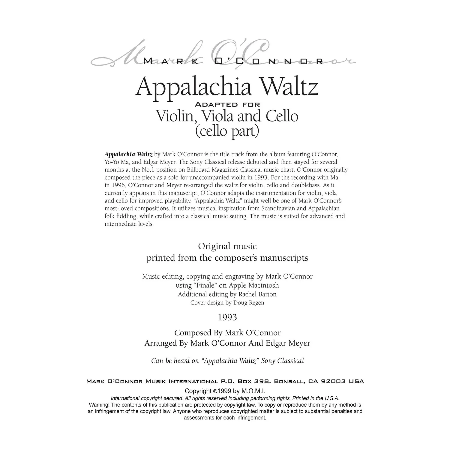 O'Connor Appalachia Waltz Noten Cello Download Trio