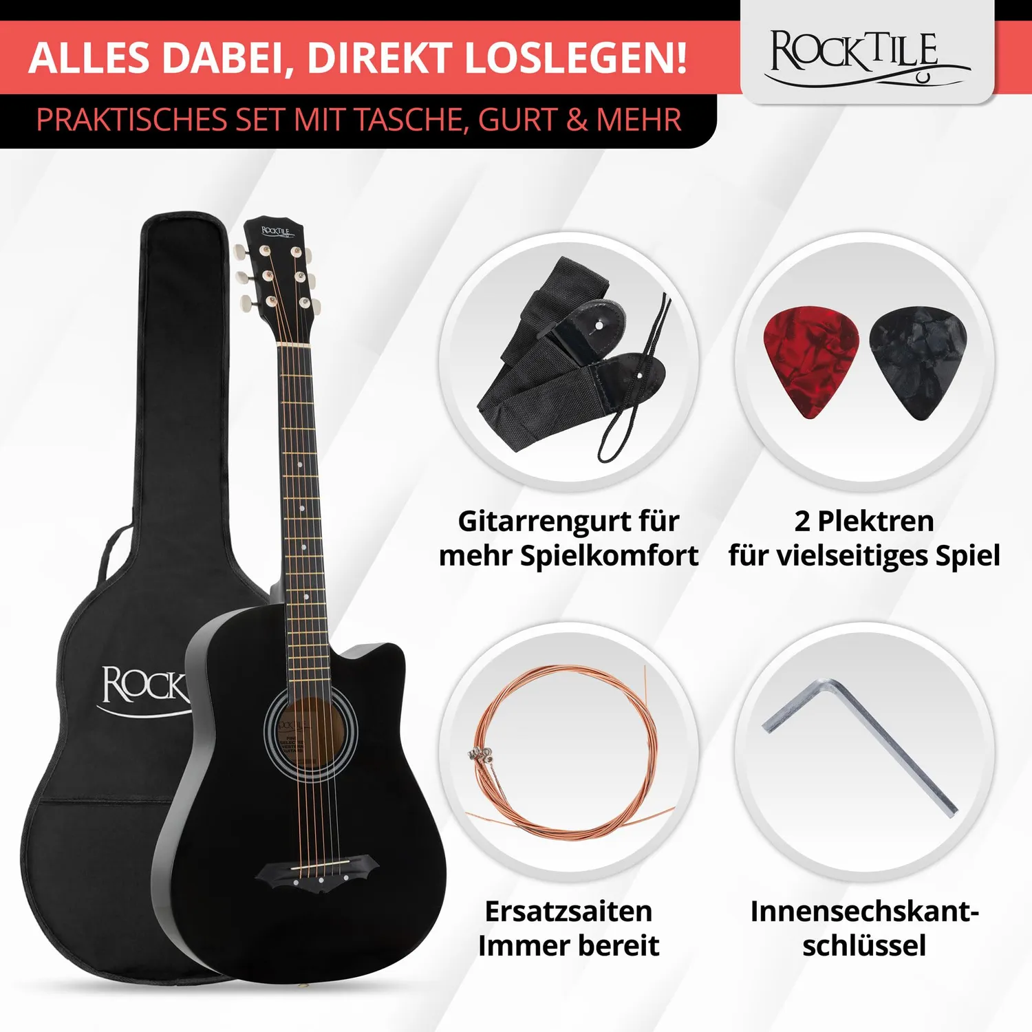 Rocktile WSD-5C-BK Slim Westerngitarre Set Schwarz Dreadnought