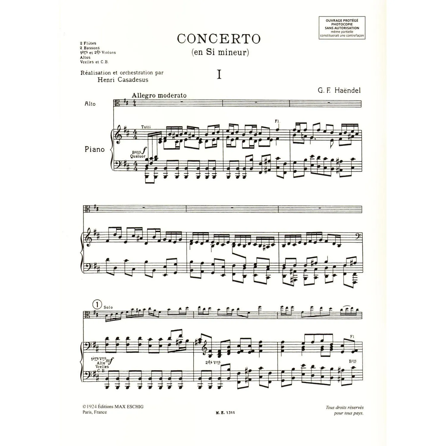 Händel Konzert h-moll Bratschennoten Klavier Durand