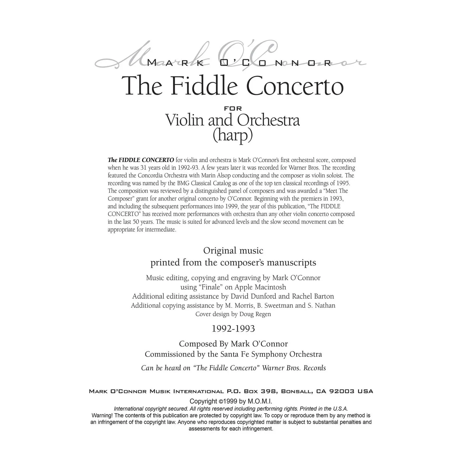 Shar Music O'Connor Fiddle Concerto Noten Violine Orchester Download