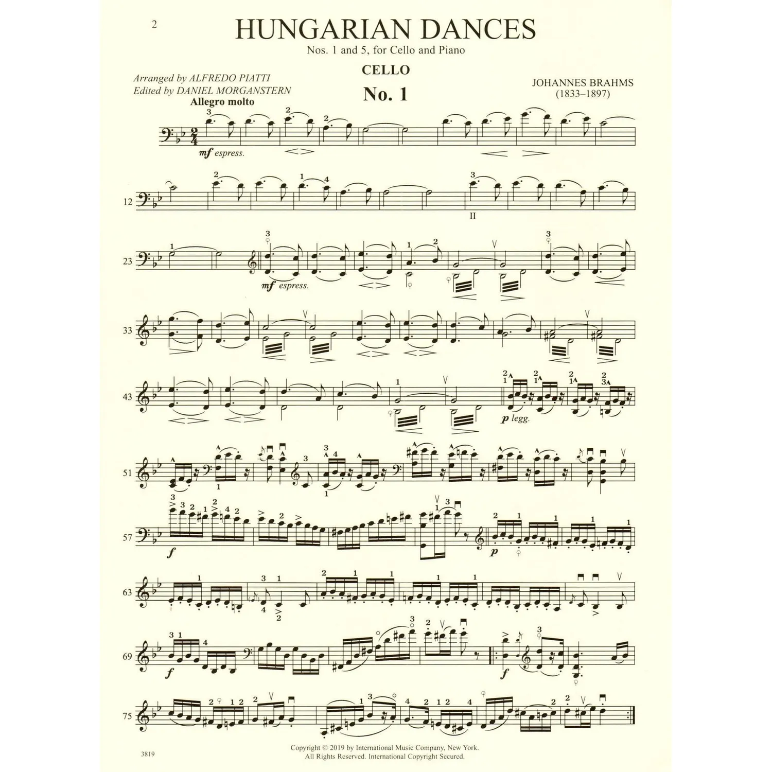 Brahms Ungarische Tänze 1+5 Cello-Noten Klavier Piatti