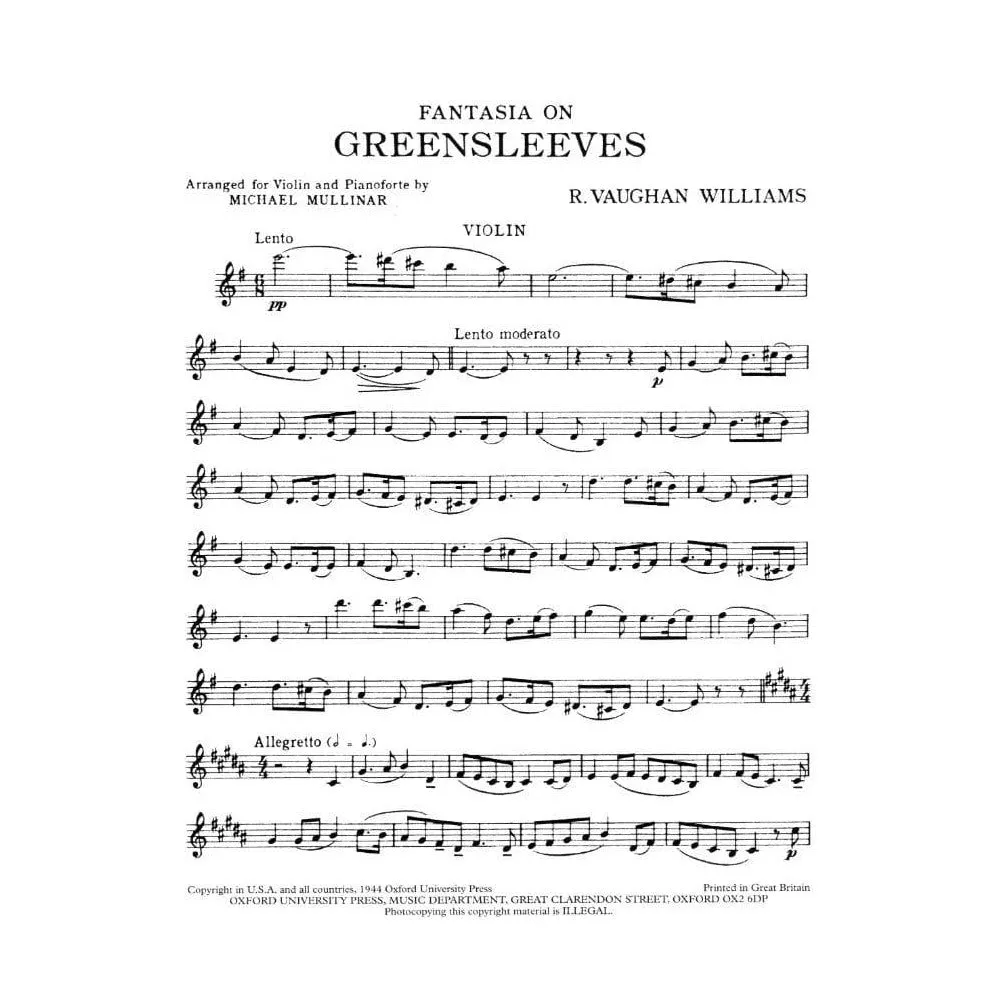 Vaughan Williams Fantasia Greensleeves Violin-Klaviernoten