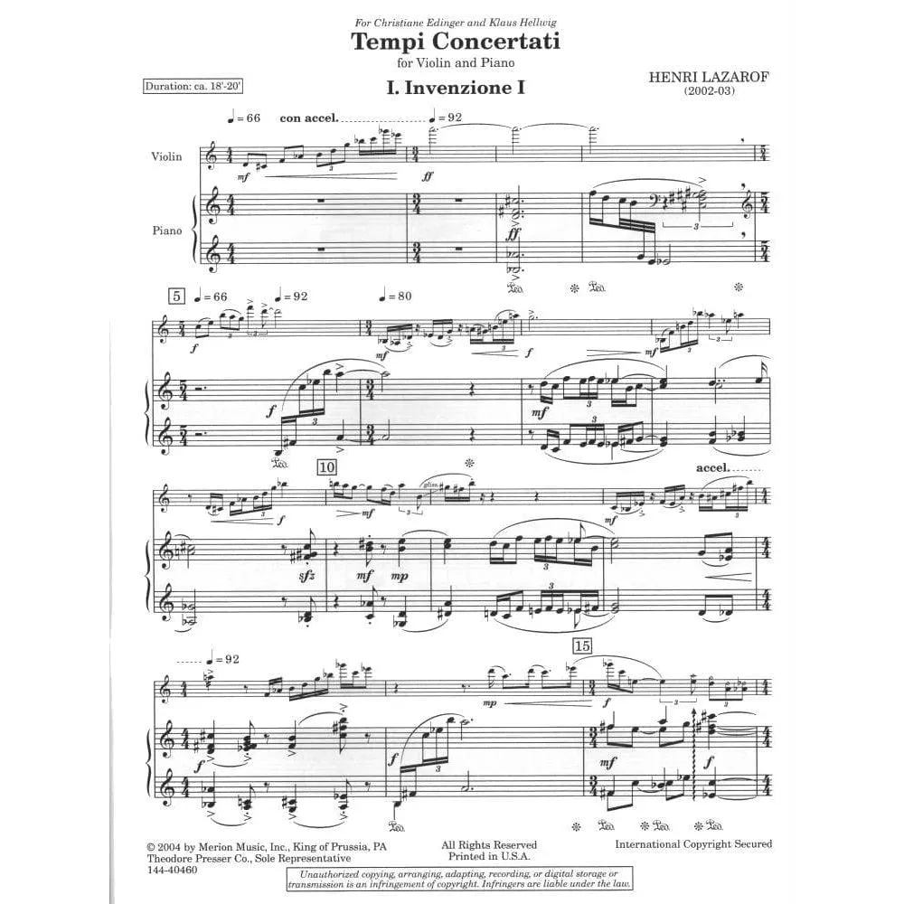 Lazarof Tempi Concertati Noten Violine Klavier Modern