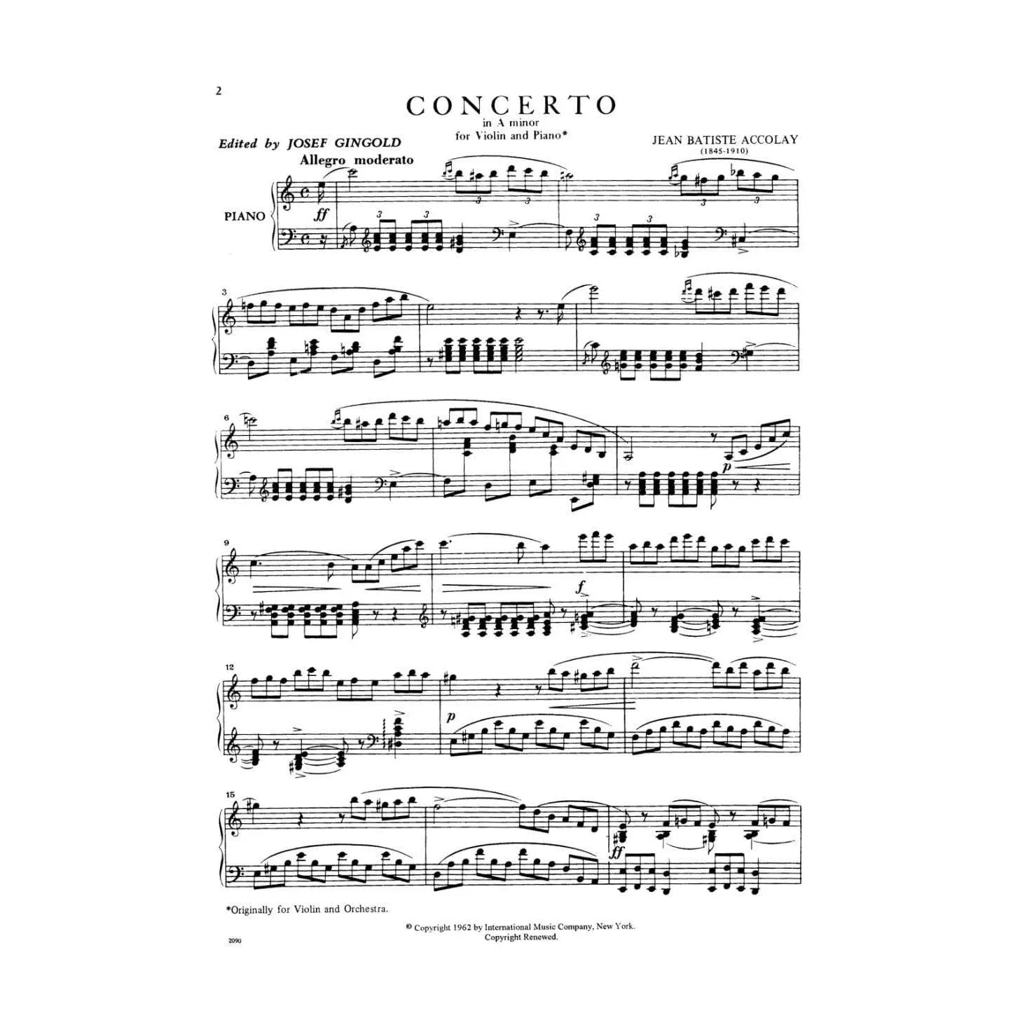 Accolay Violinkonzert Nr 1 a-moll Noten Gingold Violine