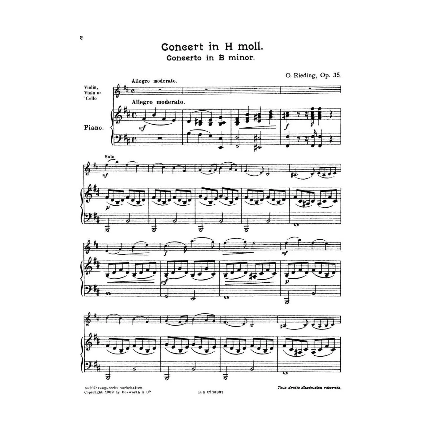 Bosworth Rieding Konzert h-moll op. 35 Violine Klavier Noten