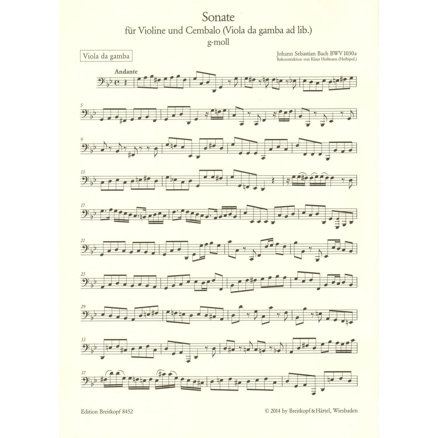 Breitkopf Bach Sonate BWV 1030a Noten Violine g-Moll mit Gambe