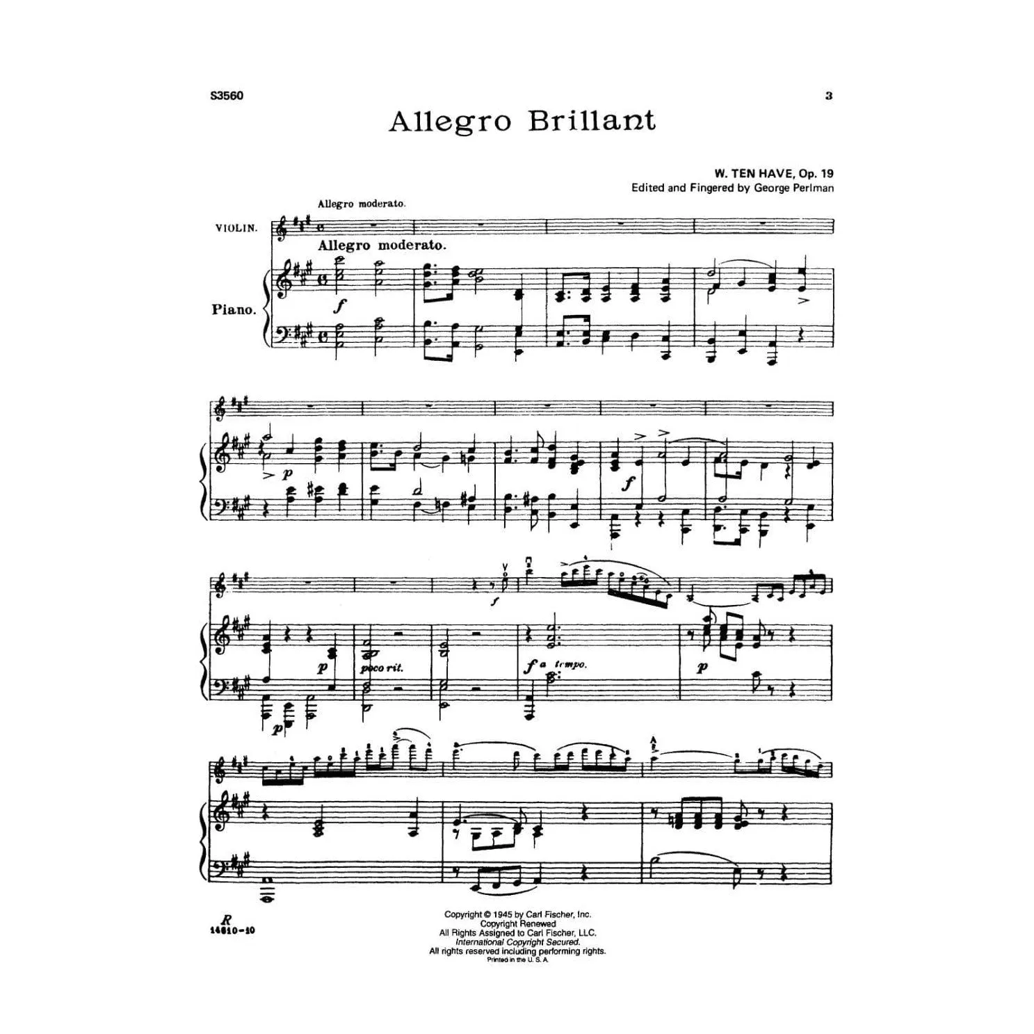 Ten Have Allegro Brillante Op. 19 Noten für Violine und Klavier