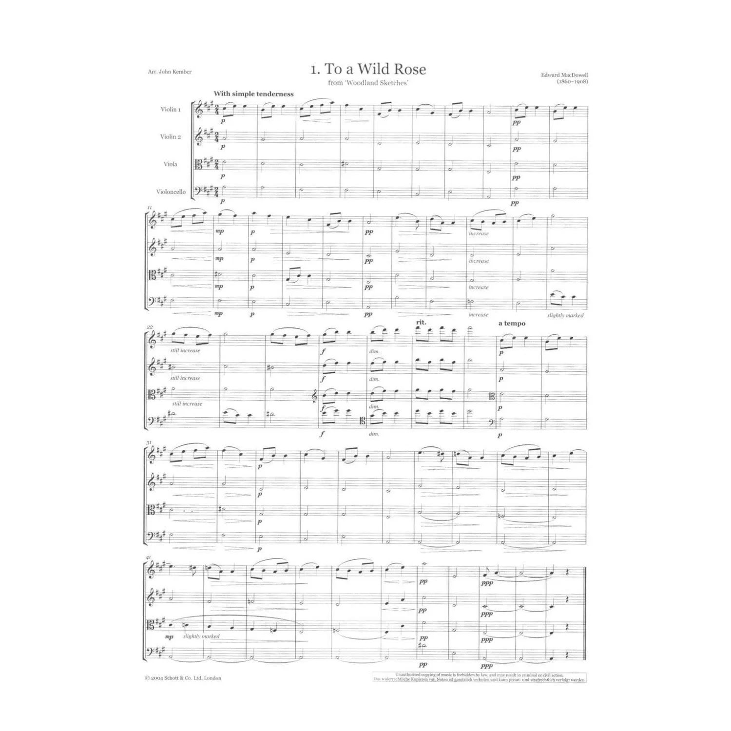 Schott To a Wild Rose Streichquartett Noten Partitur Stimmen