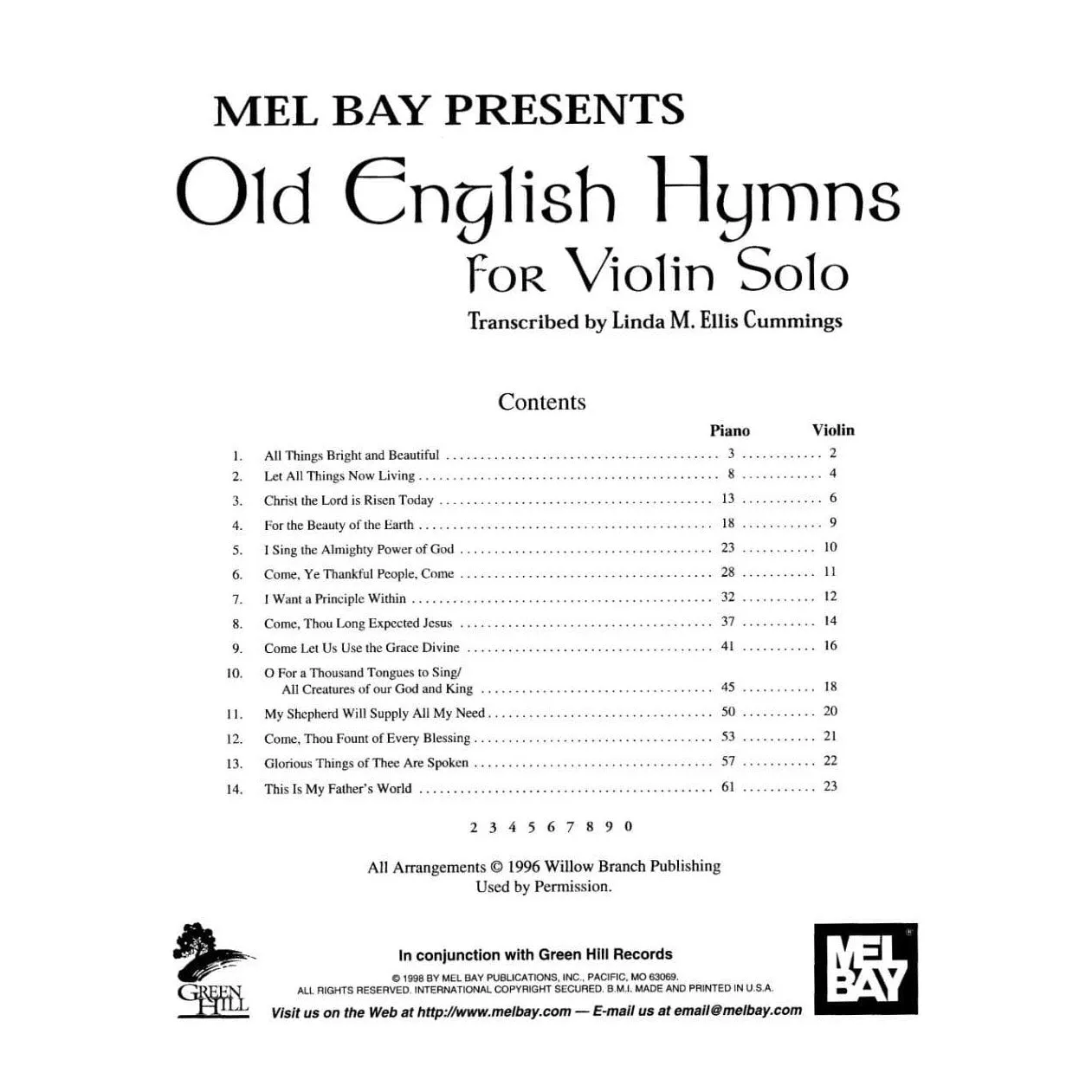 Mel Bay Old English Hymns Noten Violine Klavier Audio