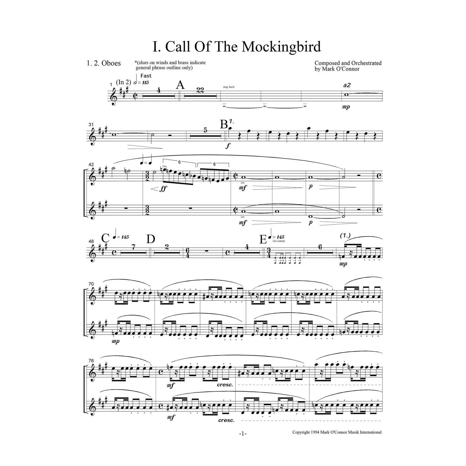 O'Connor Three Pieces Violine Orchester Noten Download Winds