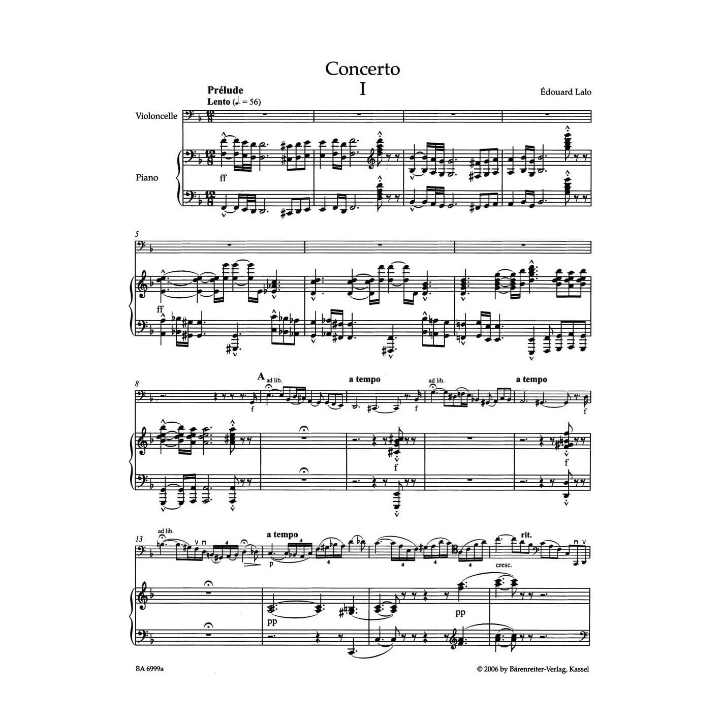 Bärenreiter Urtext Lalo Konzert d-Moll Cellonoten Cello Klavier