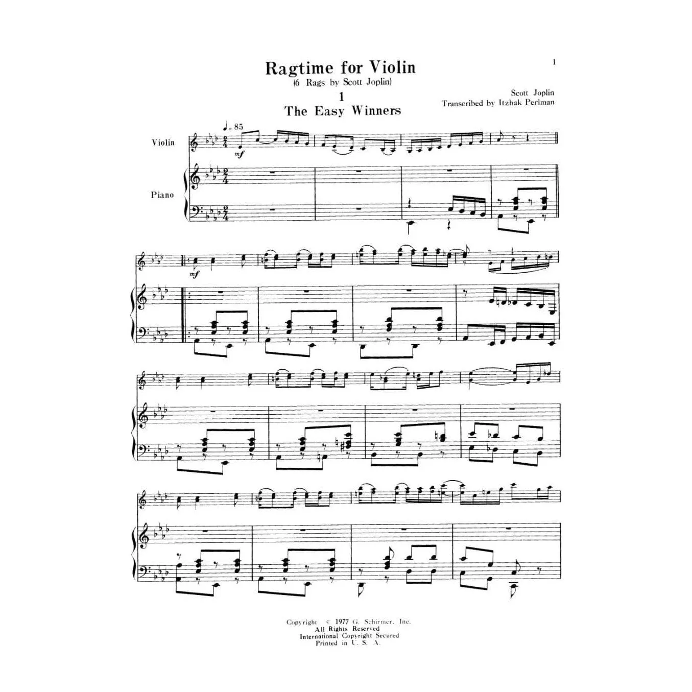 Joplin Ragtime for Violin 6 Rags Noten Violine Klavier Perlman