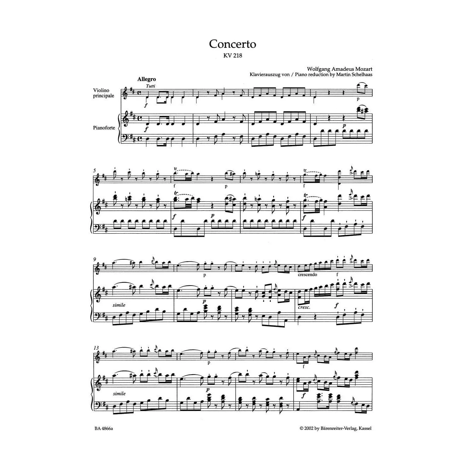 Bärenreiter Mozart Konzert Nr 4 Violinnoten K 218 Urtext