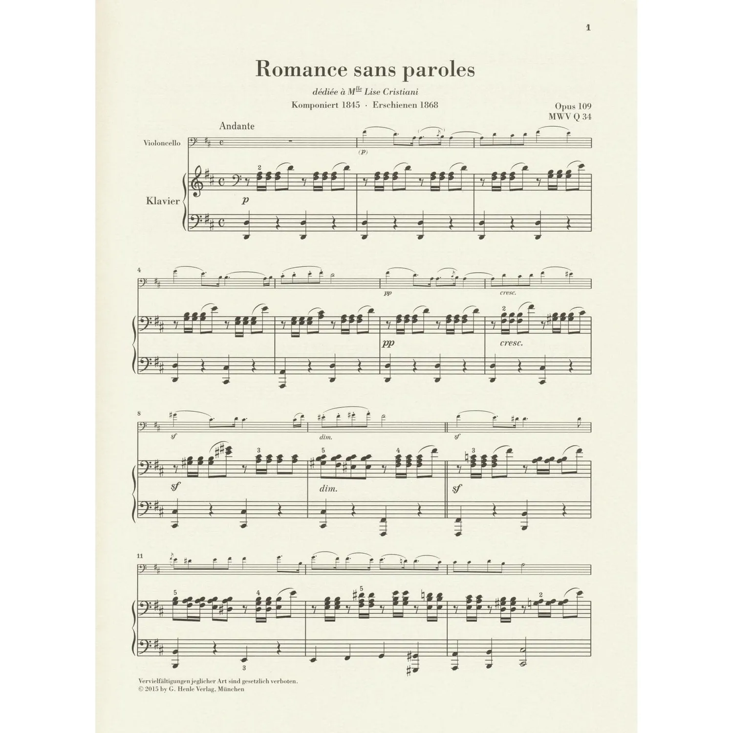 Henle Mendelssohn Romance sans paroles Op.109 Cellonoten Urtext