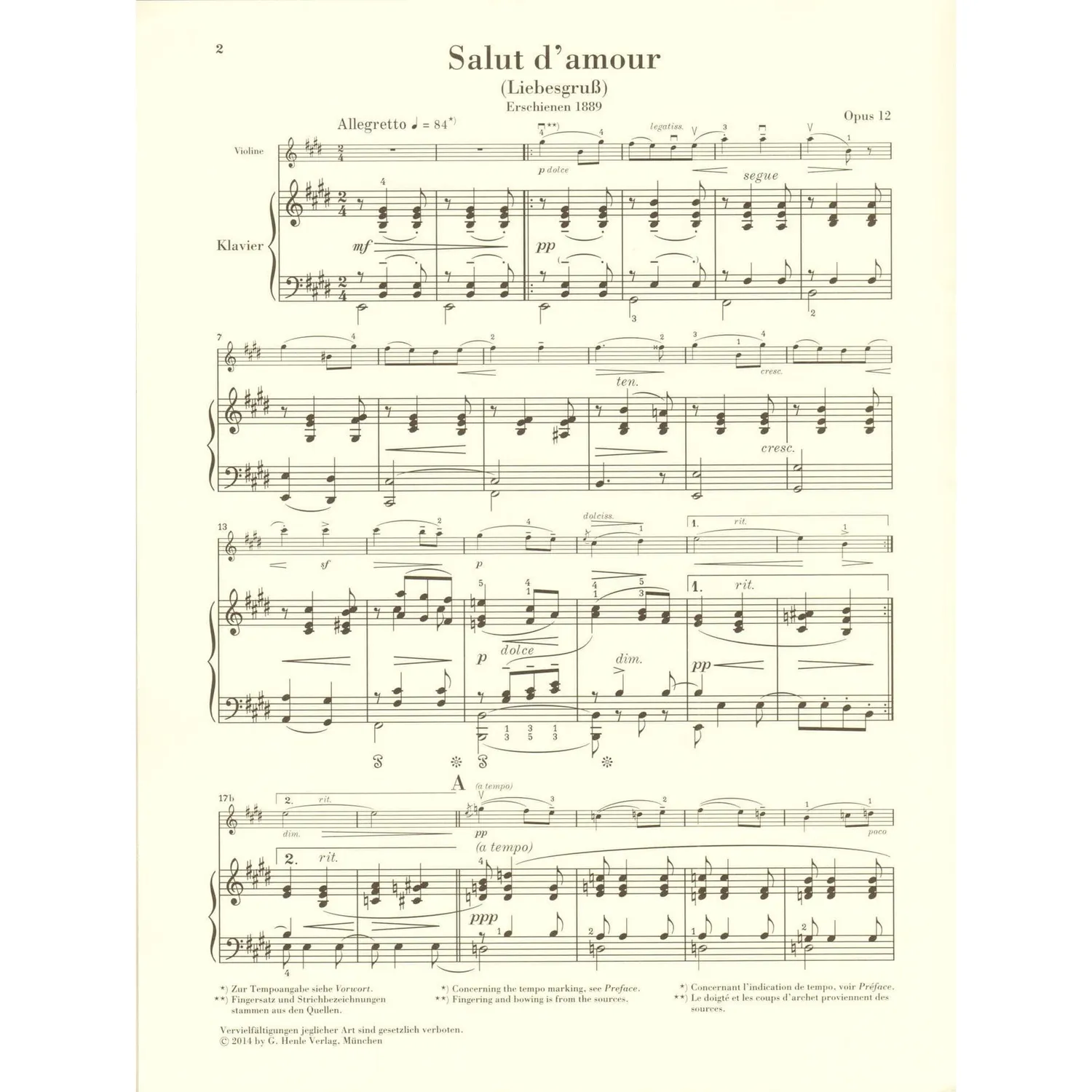 Henle Elgar Salut d'amour op. 12 Noten Violine Klavier Urtext