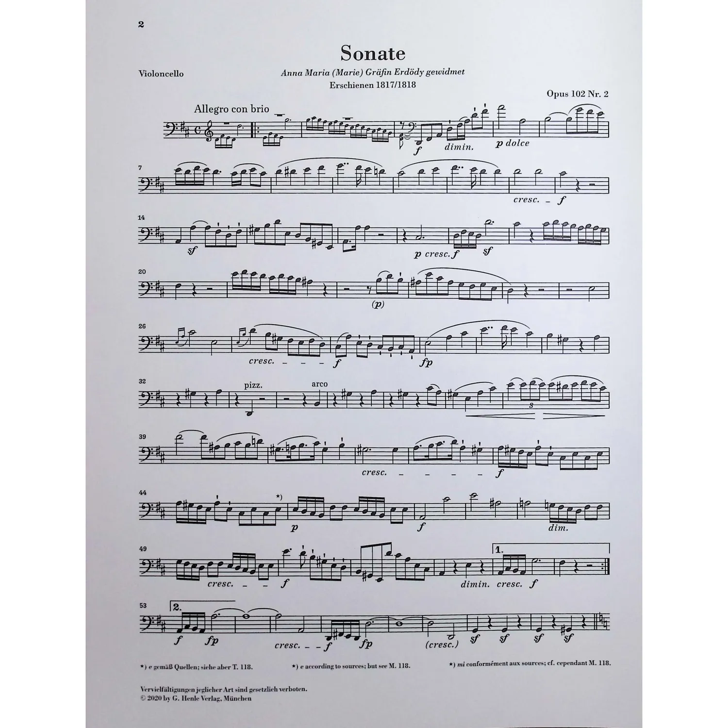 Henle Beethoven Sonate D-Dur op.102 Nr.2 Noten Cello Urtext