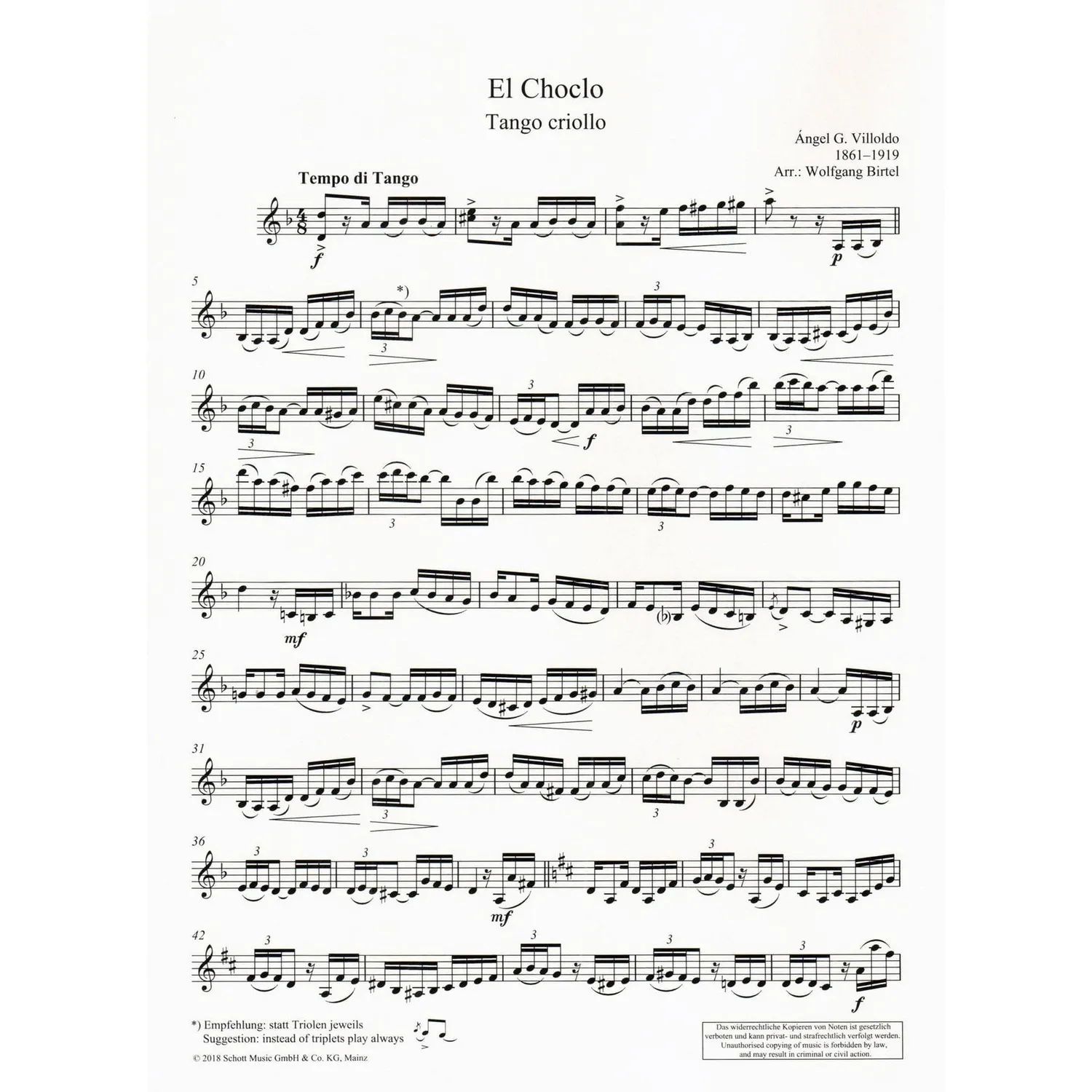 Schott El Choclo Tango Violine Klavier Noten Birtel