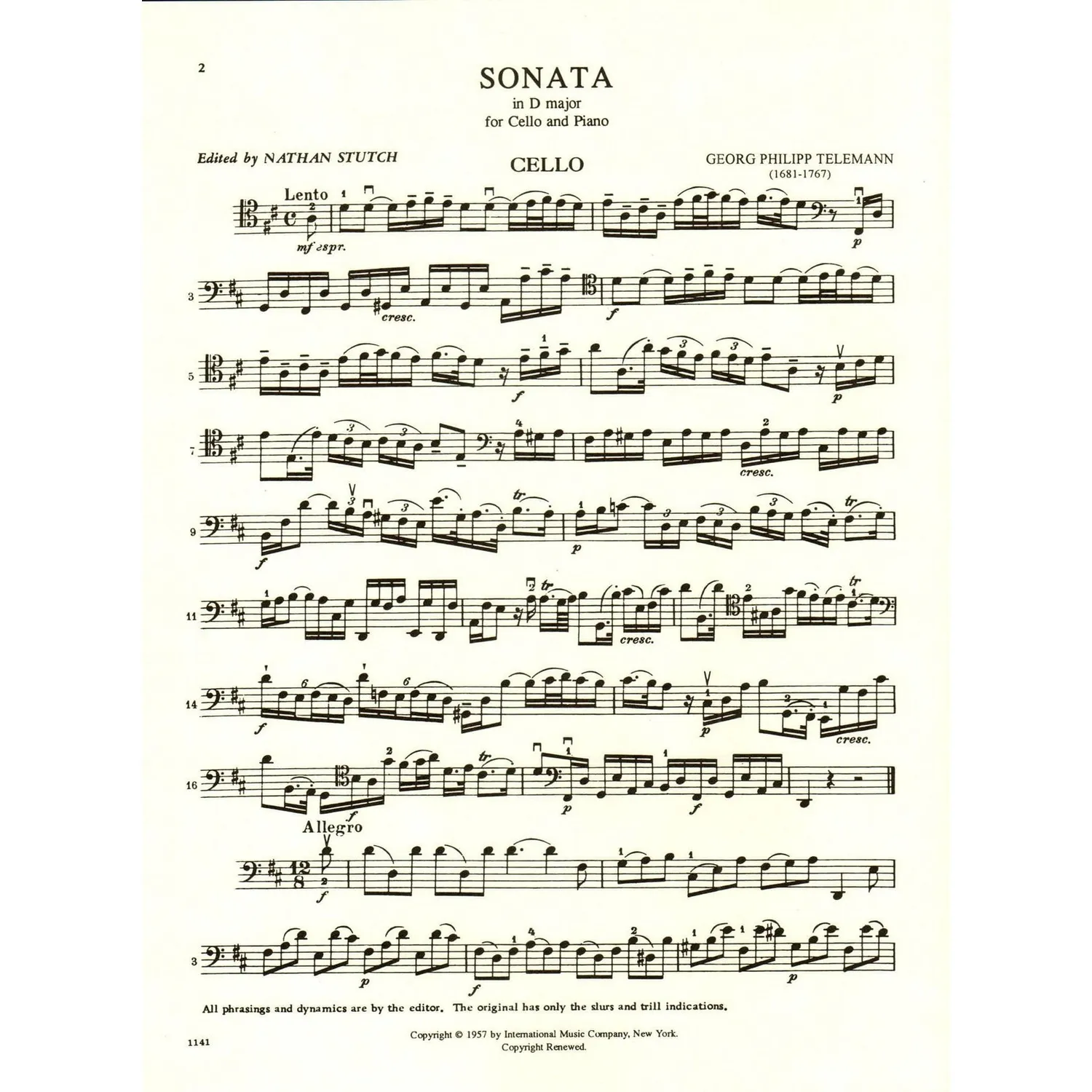 Shar Music Telemann Sonata D-Dur TWV 41:D6 Noten Cello