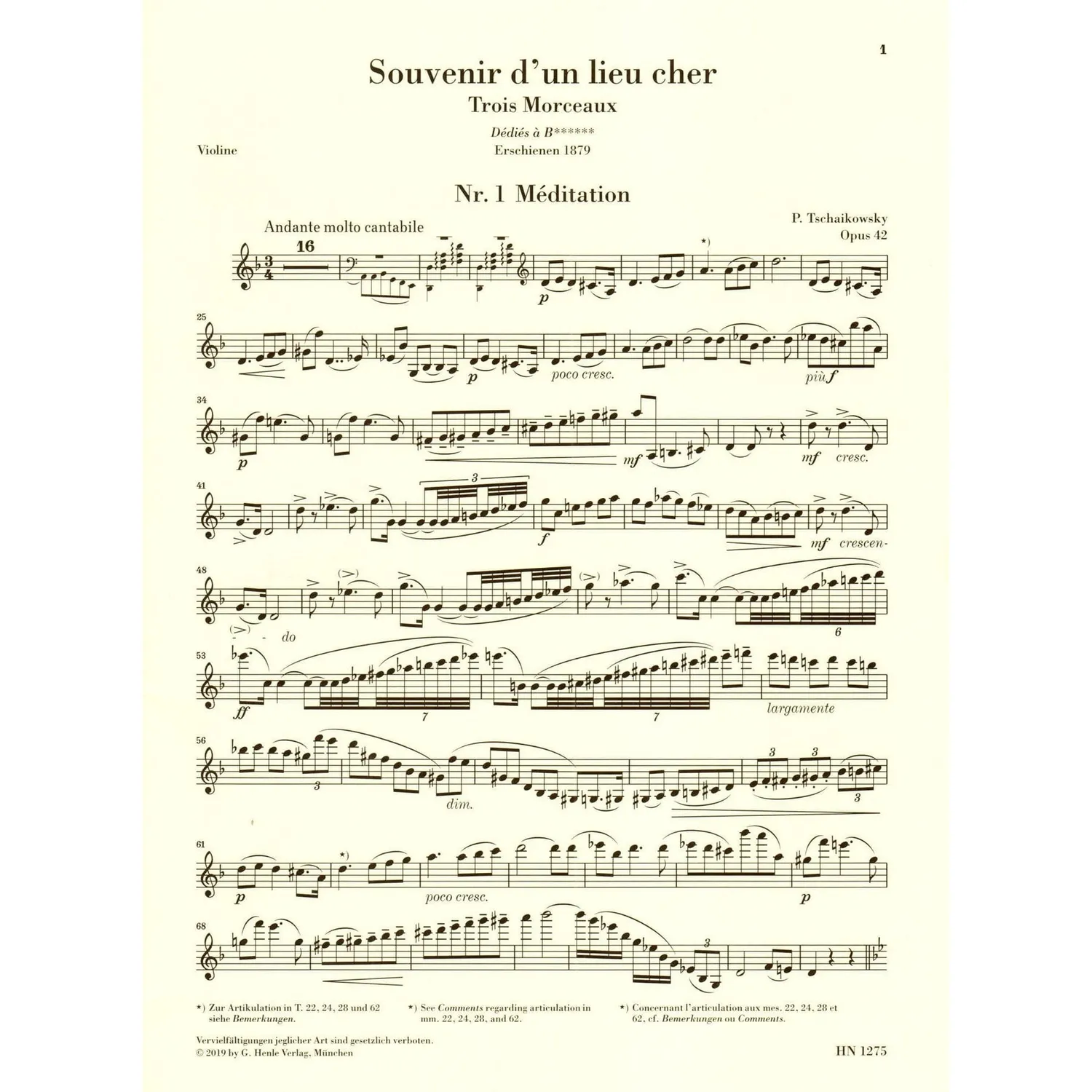 Henle Tschaikowsky Souvenir Op.42 Violine Klavier Urtext
