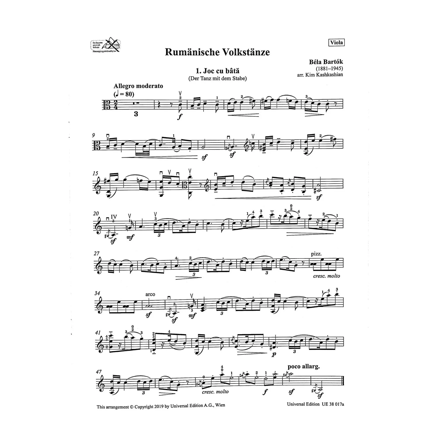 Bartók Rumänische Volkstänze Noten Viola Klavier Kashkashian