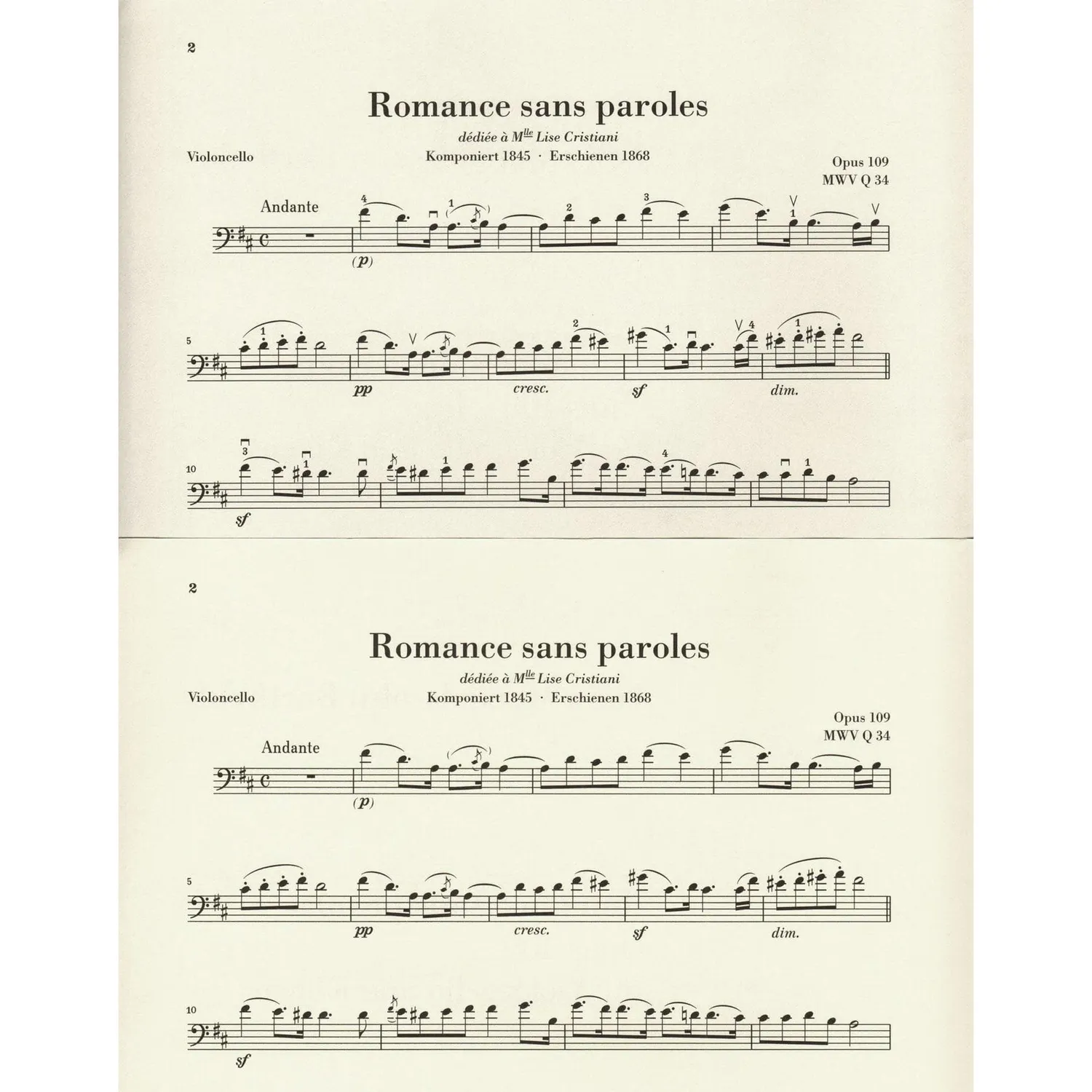 Henle Mendelssohn Romance sans paroles Op.109 Cellonoten Urtext