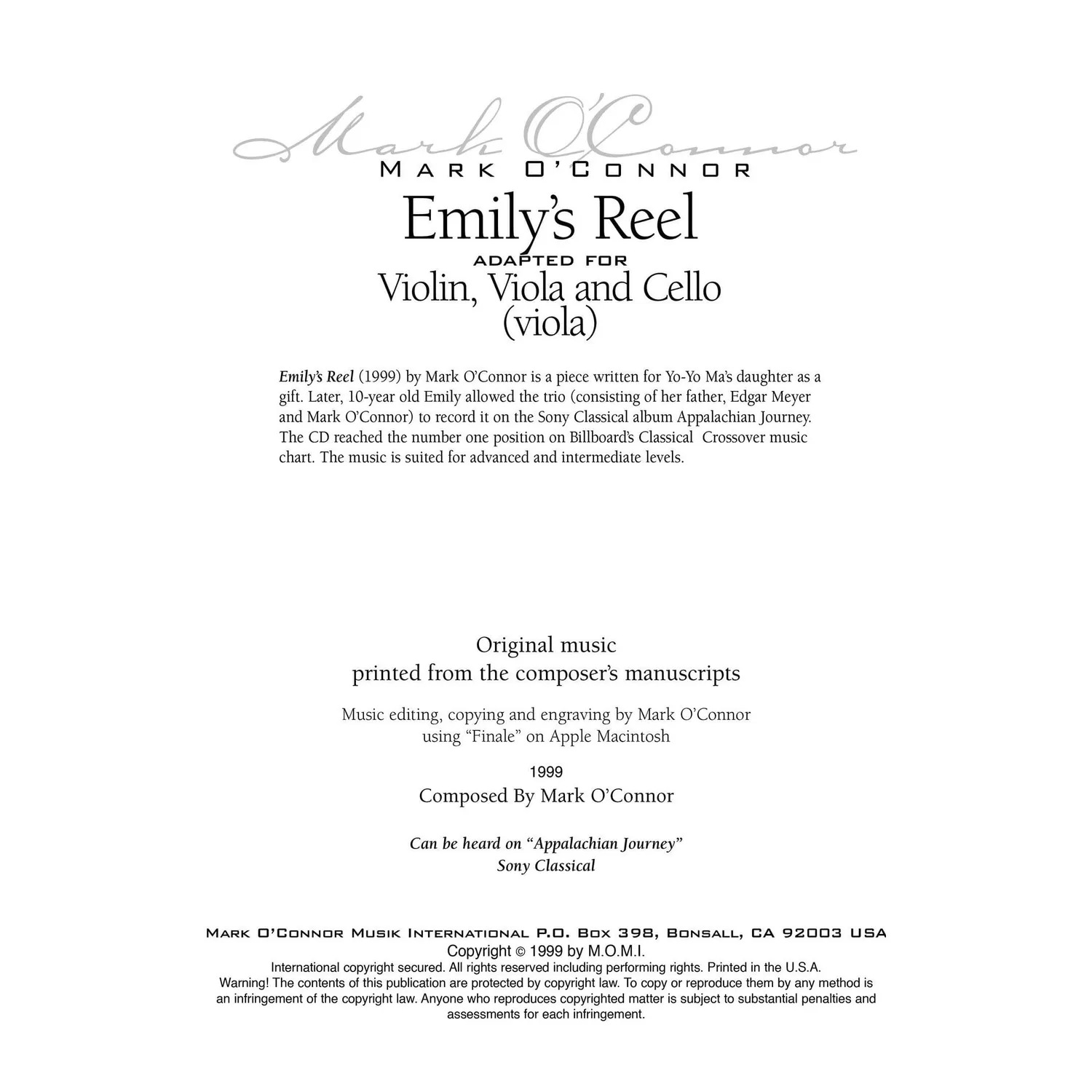 Mark O'Connor Emily's Reel Noten für Viola Download