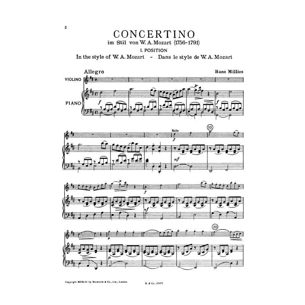 Millies Concertino D-Dur Violine Klavier Mozart-Stil Bosworth