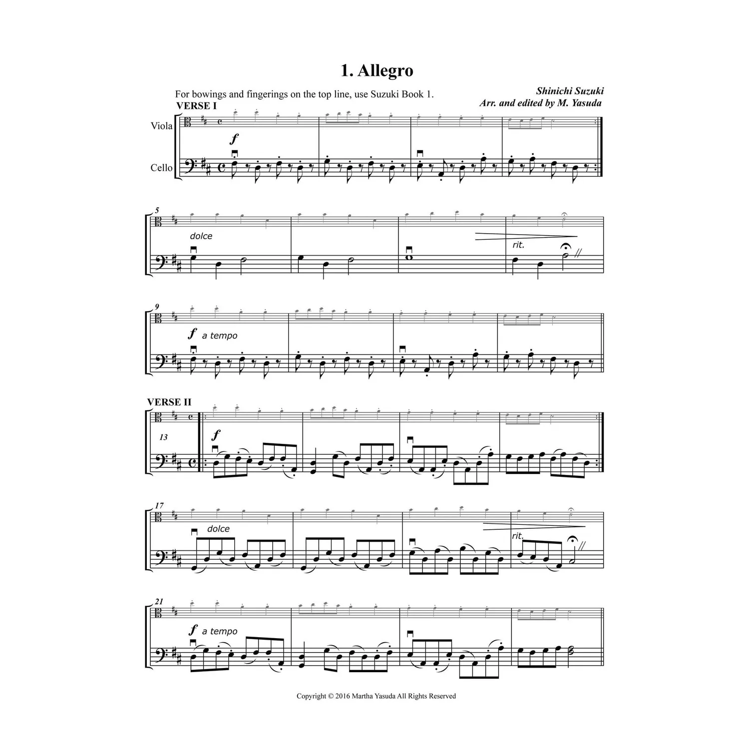 Martha Yasuda Folk Song Melodies Noten Viola Cello Download