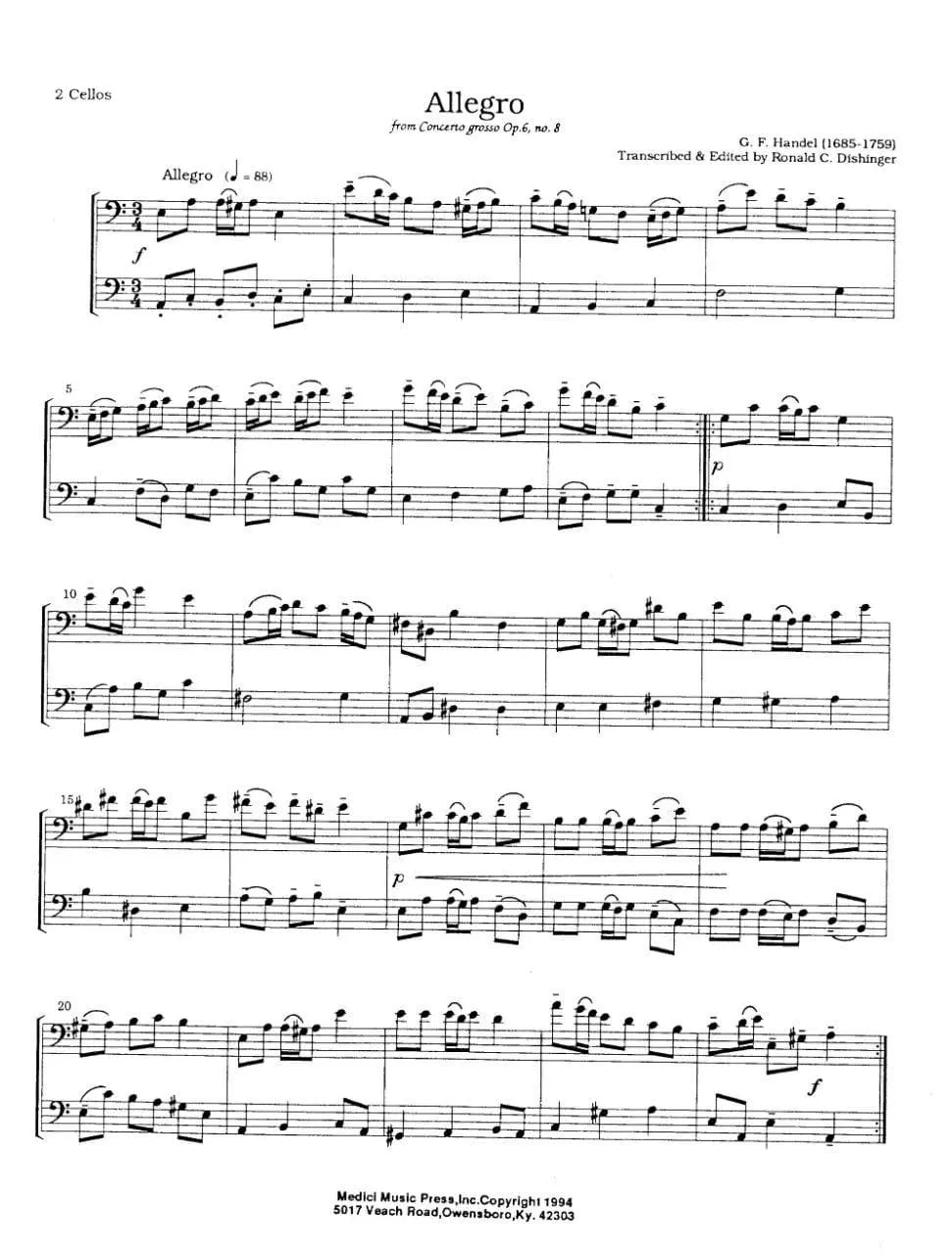 Medici Händel Nine Duets Op. 6 Noten 2 Celli