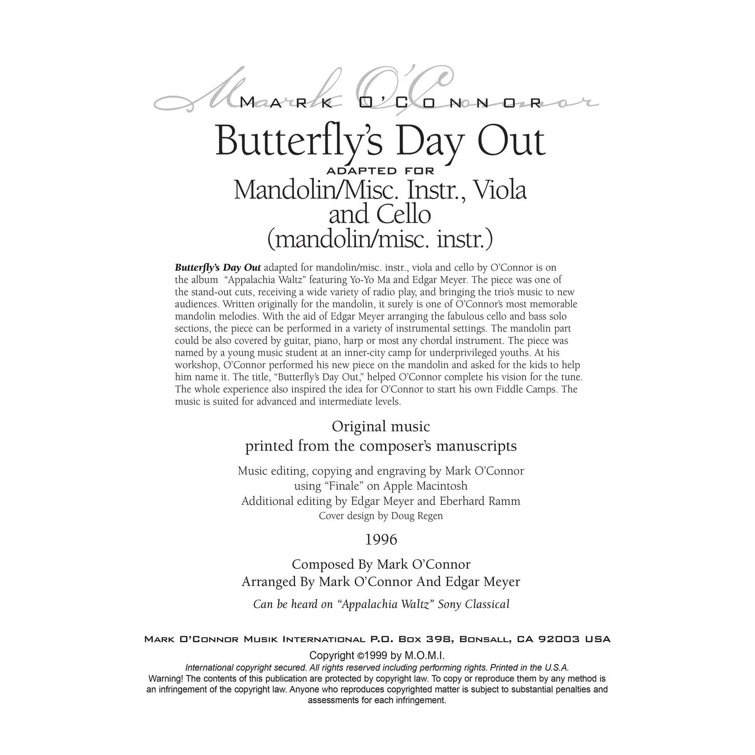Shar Music O'Connor Butterfly's Day Out Noten Mandoline Download