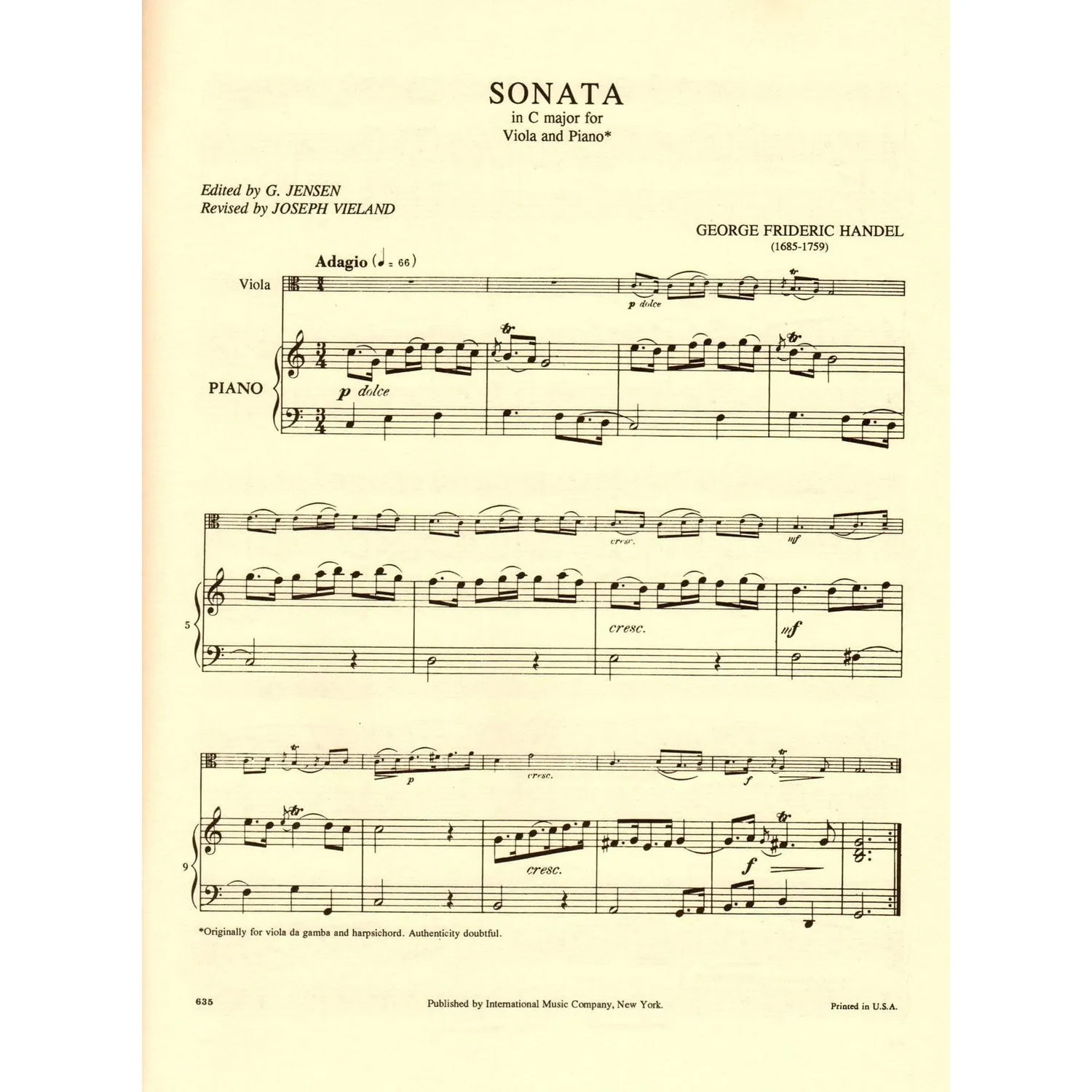 Shar Händel Sonate C-Dur Noten Viola Klavier