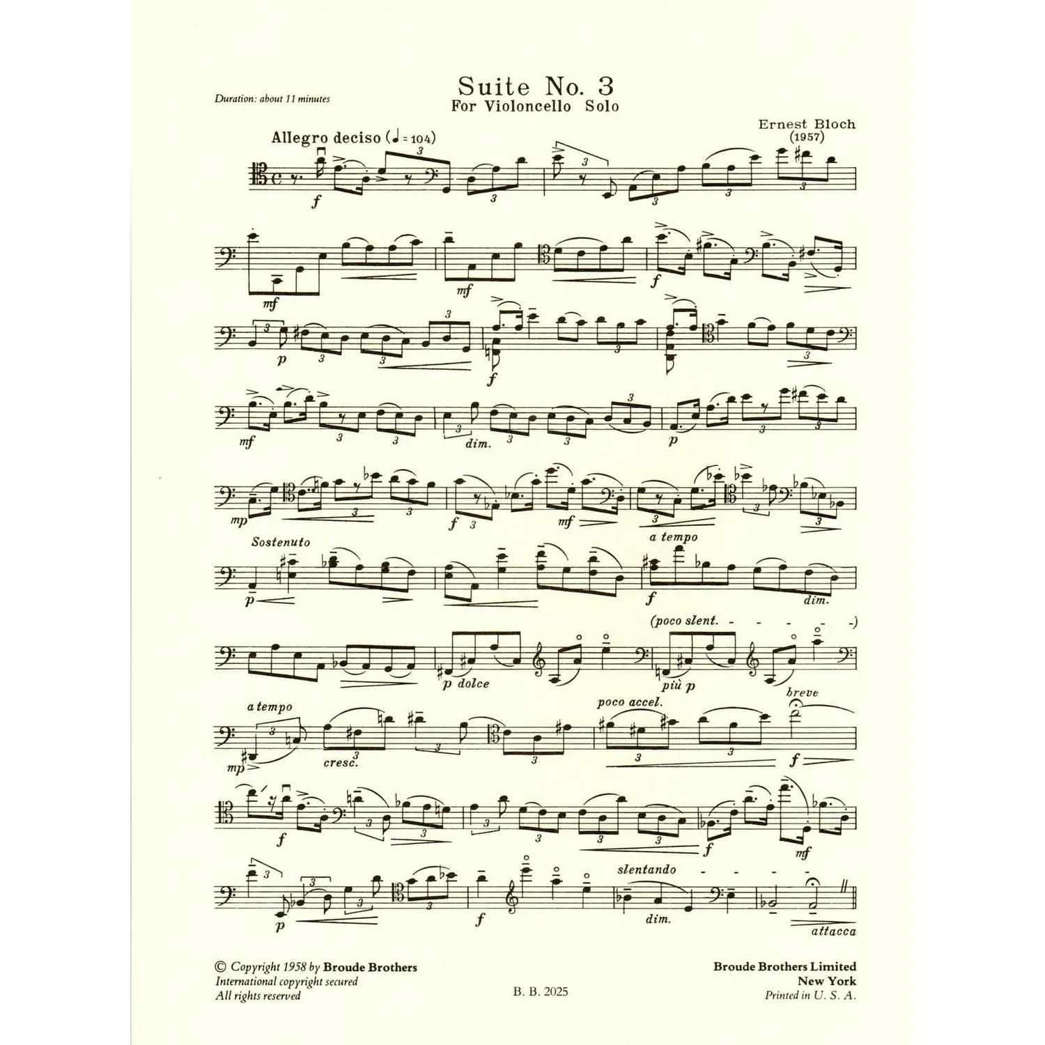 Broude Brothers Bloch Suite Nr 3 Noten für Cello