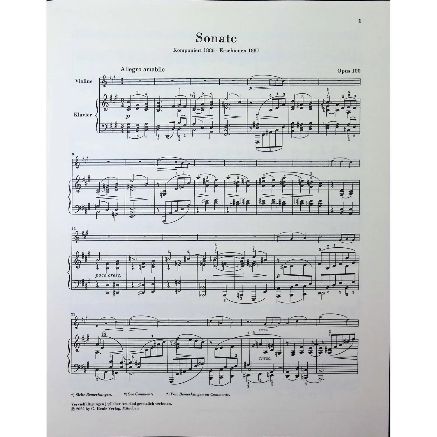 Henle Brahms Sonate A-Dur op. 100 Noten Violine Klavier