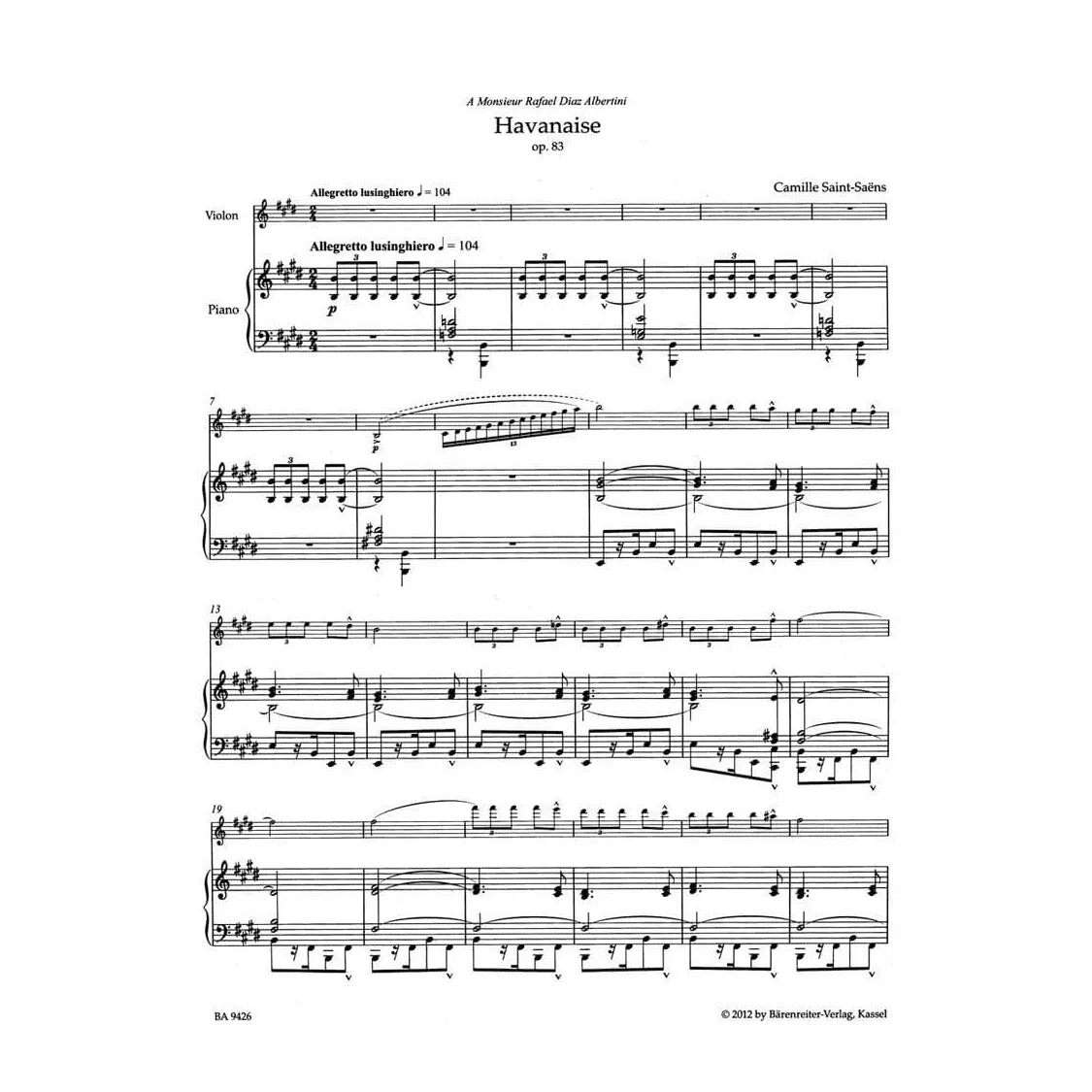 Bärenreiter Saint-Saëns Havanaise op. 83 Noten Violine